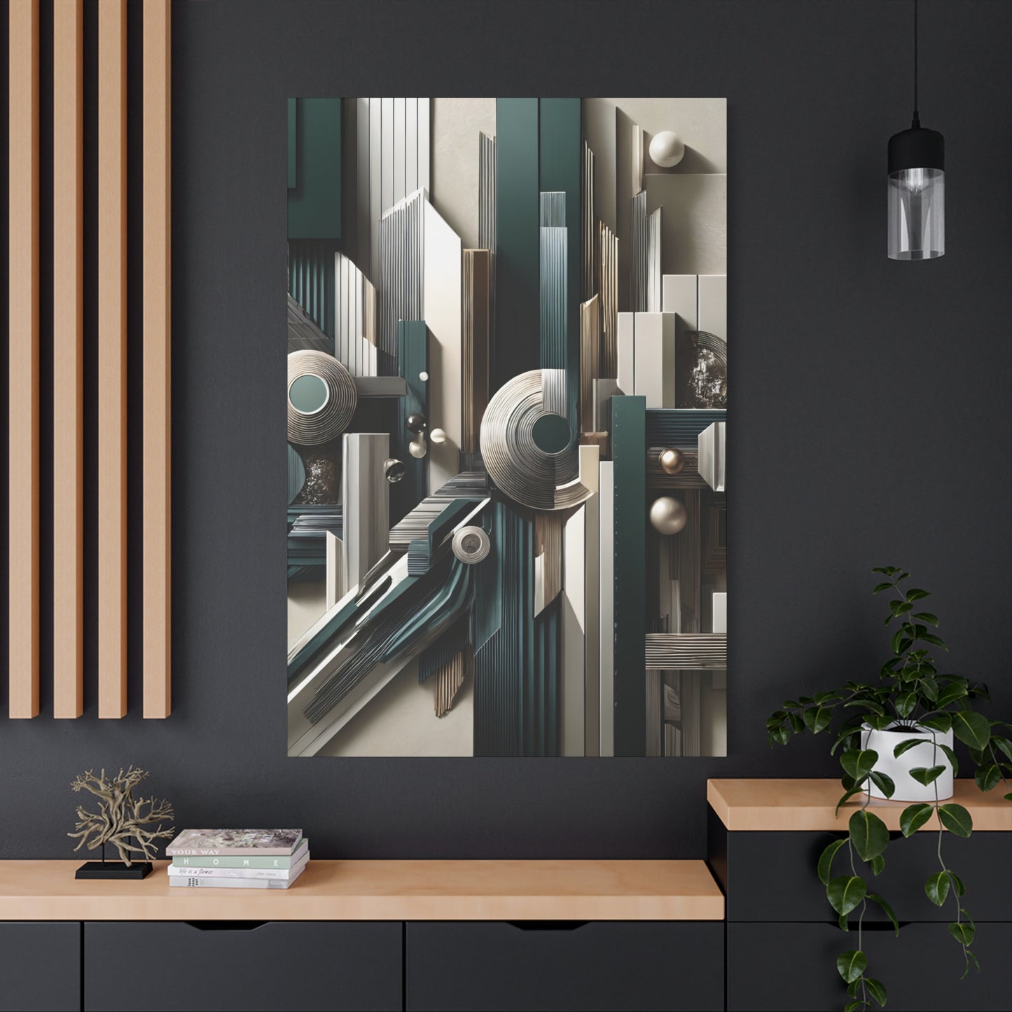 Structural Elegance – Geometric Abstract Wall Art in Teal, White, and Gold for Modern Décor