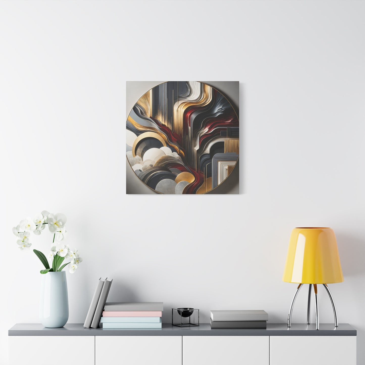 Radiant Flow – Circular Abstract Wall Art in Red, Gold, and Gray for Modern Interiors