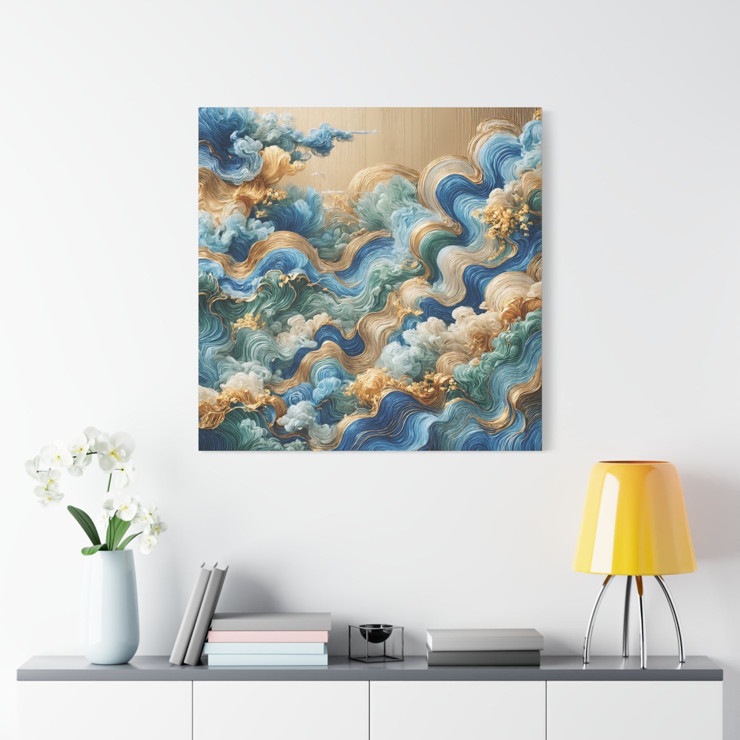 Waves of Serenity – Abstract Ocean Wall Art in Blue, Gold, and Green for Luxurious Spaces