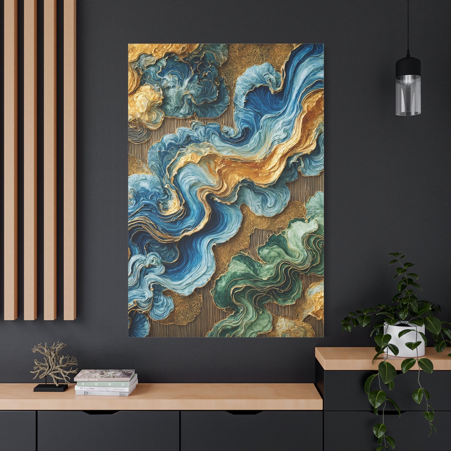 Verdant Flow – Abstract Wall Art in Blue, Green, and Gold for Contemporary Spaces