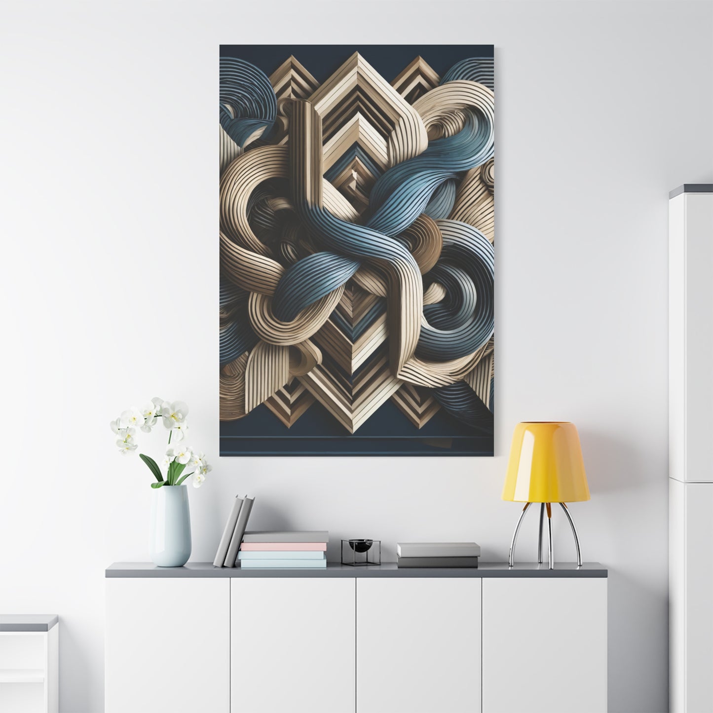 Twisted Geometry – Abstract Wall Art in Navy, Beige, and Gold for Modern Interiors