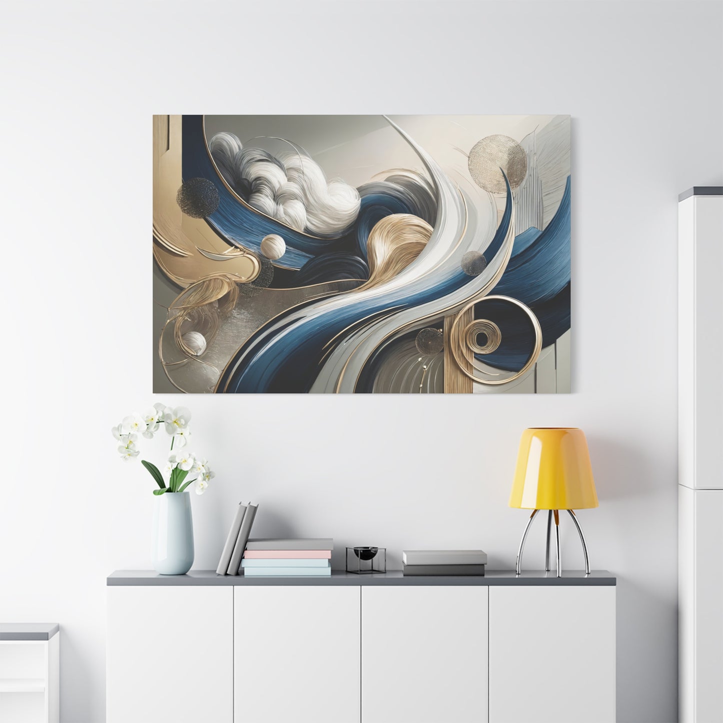 Celestial Currents – Abstract Wall Art in Blue, Gold, and White for Modern Spaces