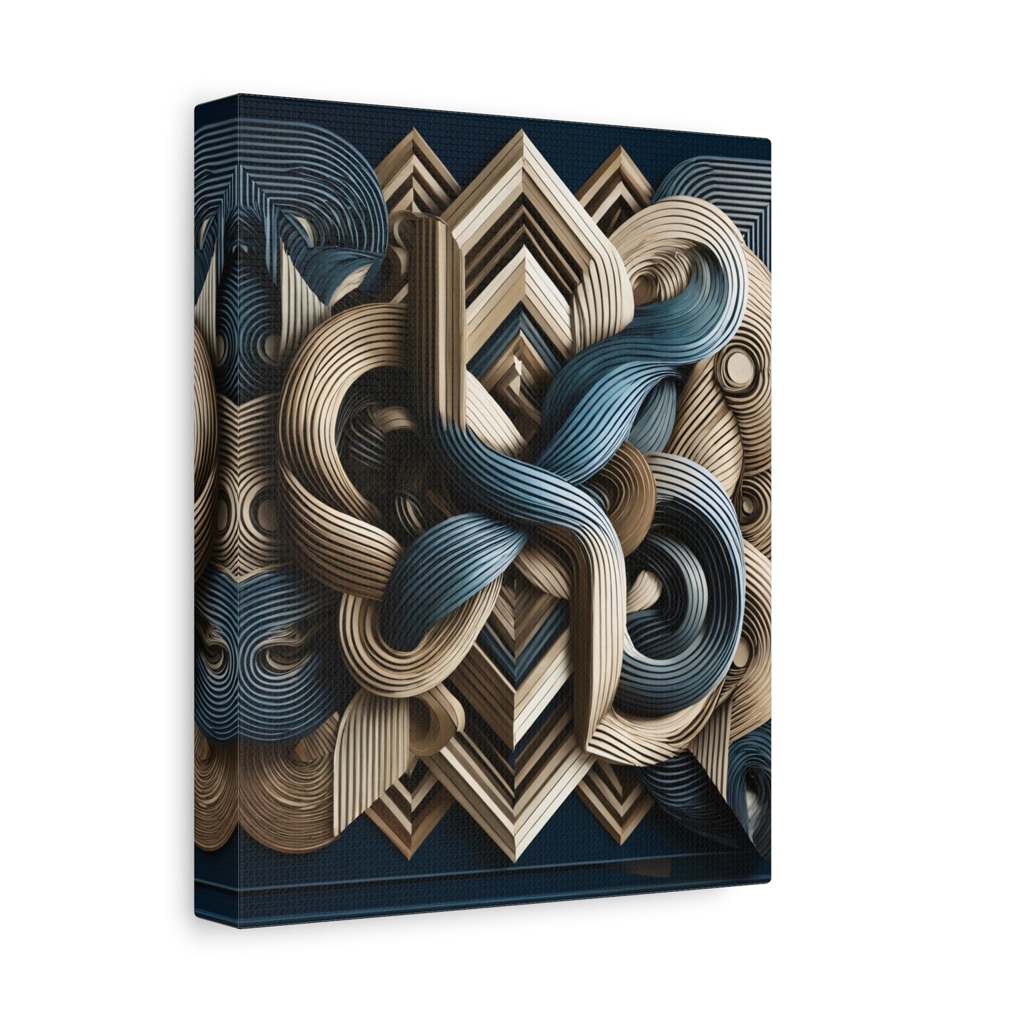 Twisted Geometry – Abstract Wall Art in Navy, Beige, and Gold for Modern Interiors