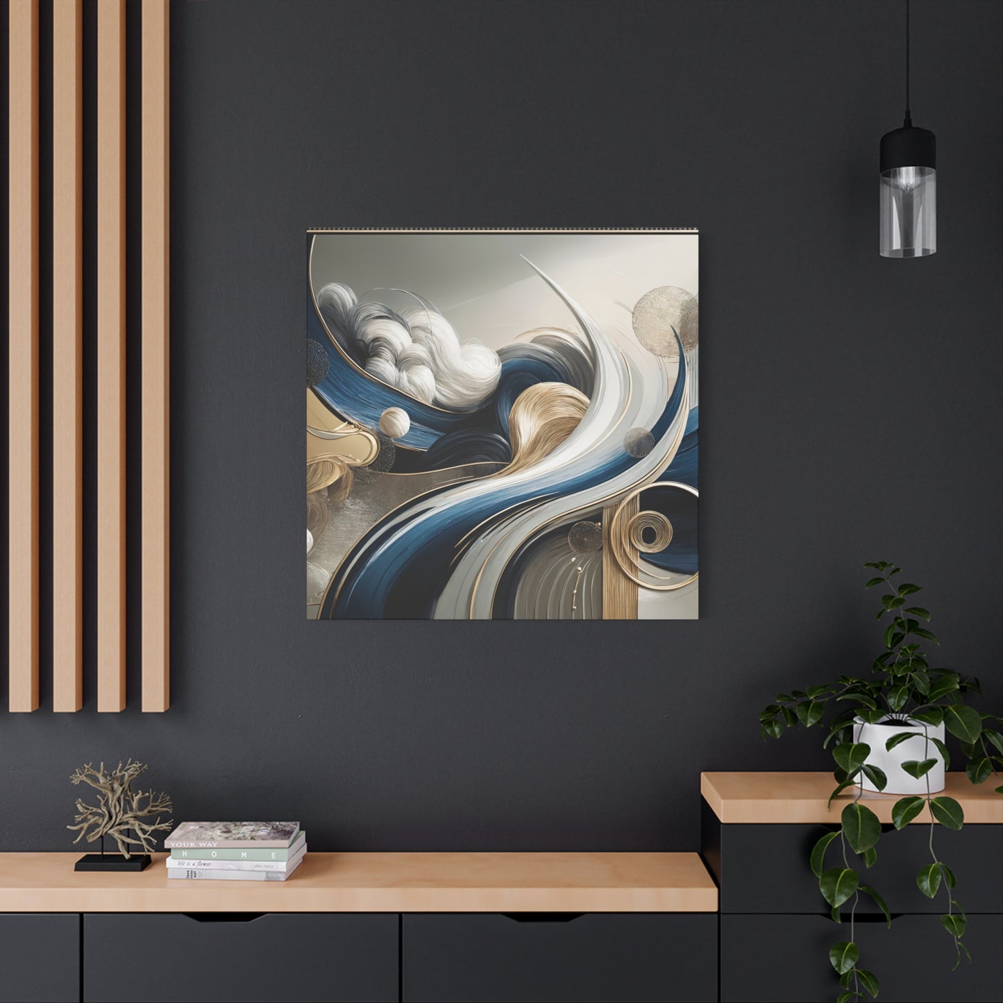 Celestial Currents – Abstract Wall Art in Blue, Gold, and White for Modern Spaces