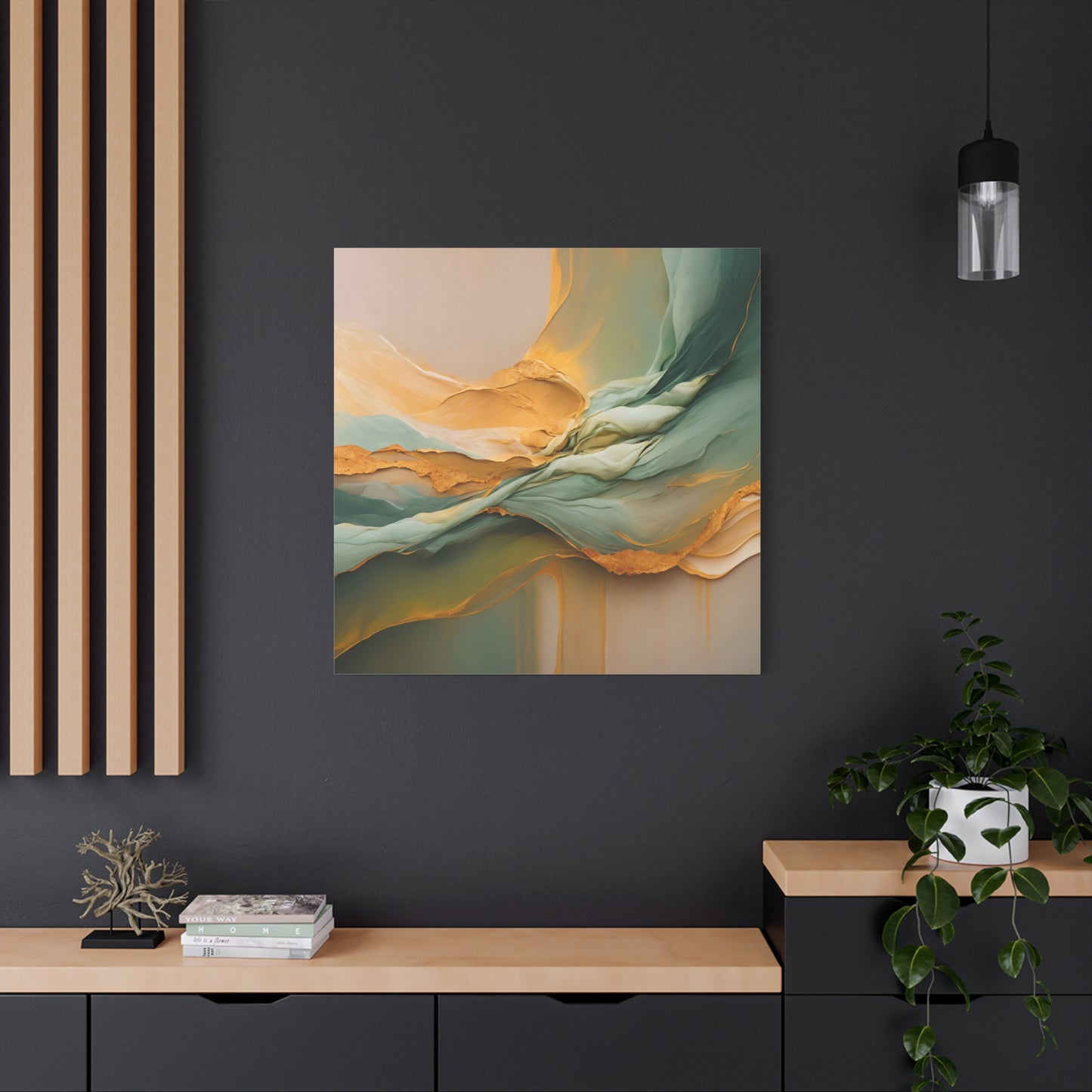 Golden Cascade – Flowing Abstract Canvas Art in Green and Gold