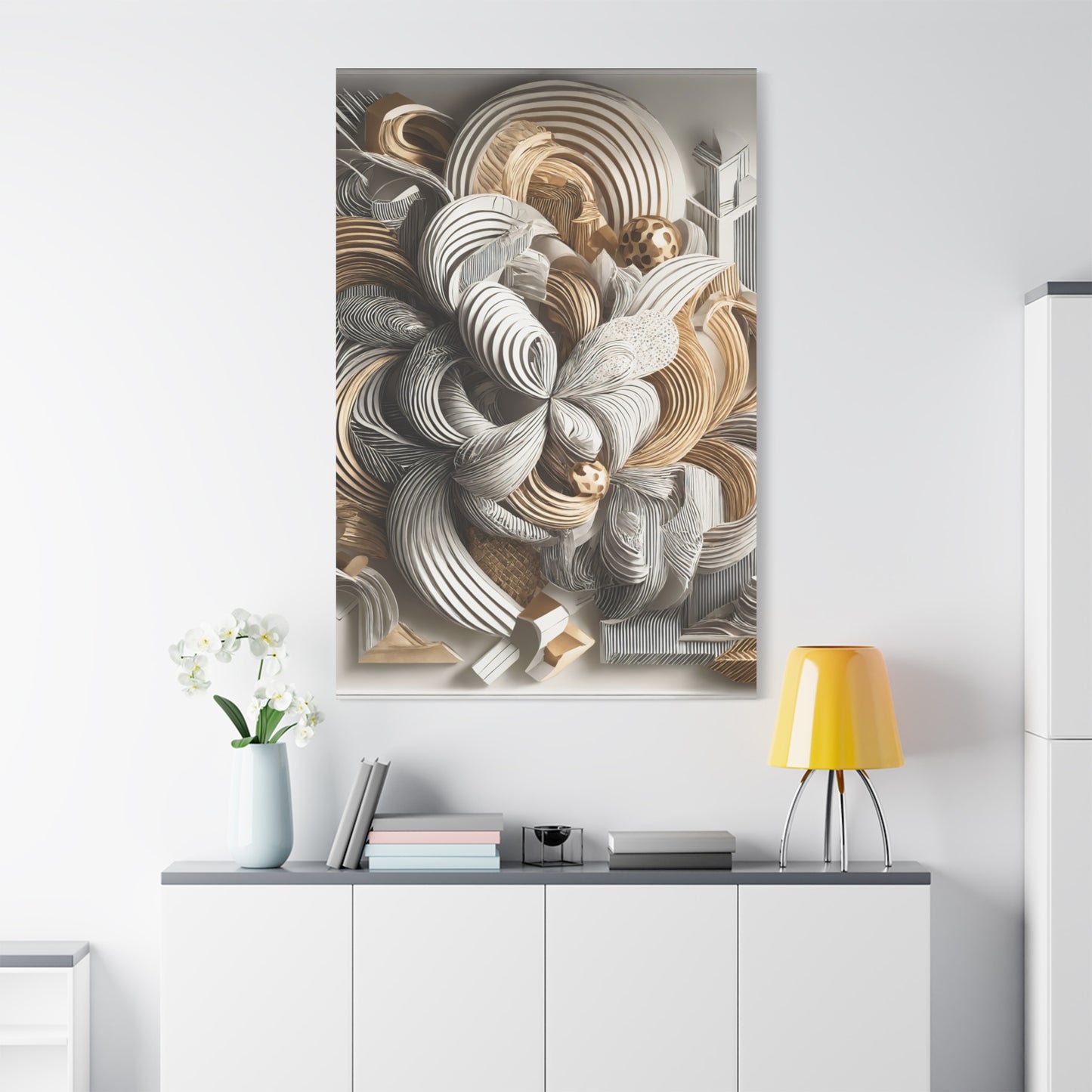 Golden Symmetry – Abstract 3D Wall Art in Gold and White, Modern Geometric Luxury Décor