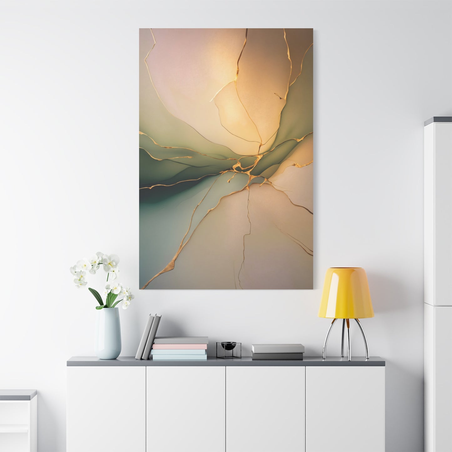 Golden Veins – Abstract Art in Soft Greens and Gold