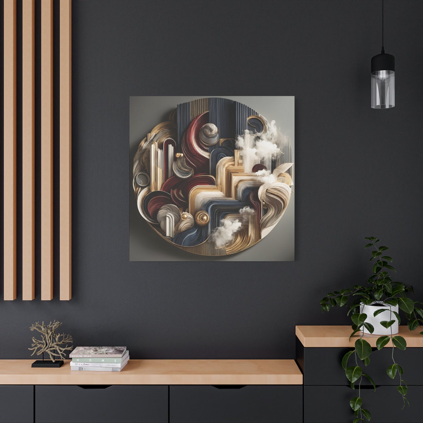 Ethereal Dimensions – Circular Abstract Wall Art in Gold, Burgundy, and Gray for Modern Décor