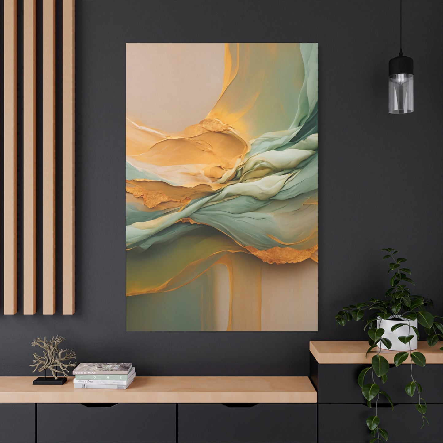 Golden Cascade – Flowing Abstract Canvas Art in Green and Gold