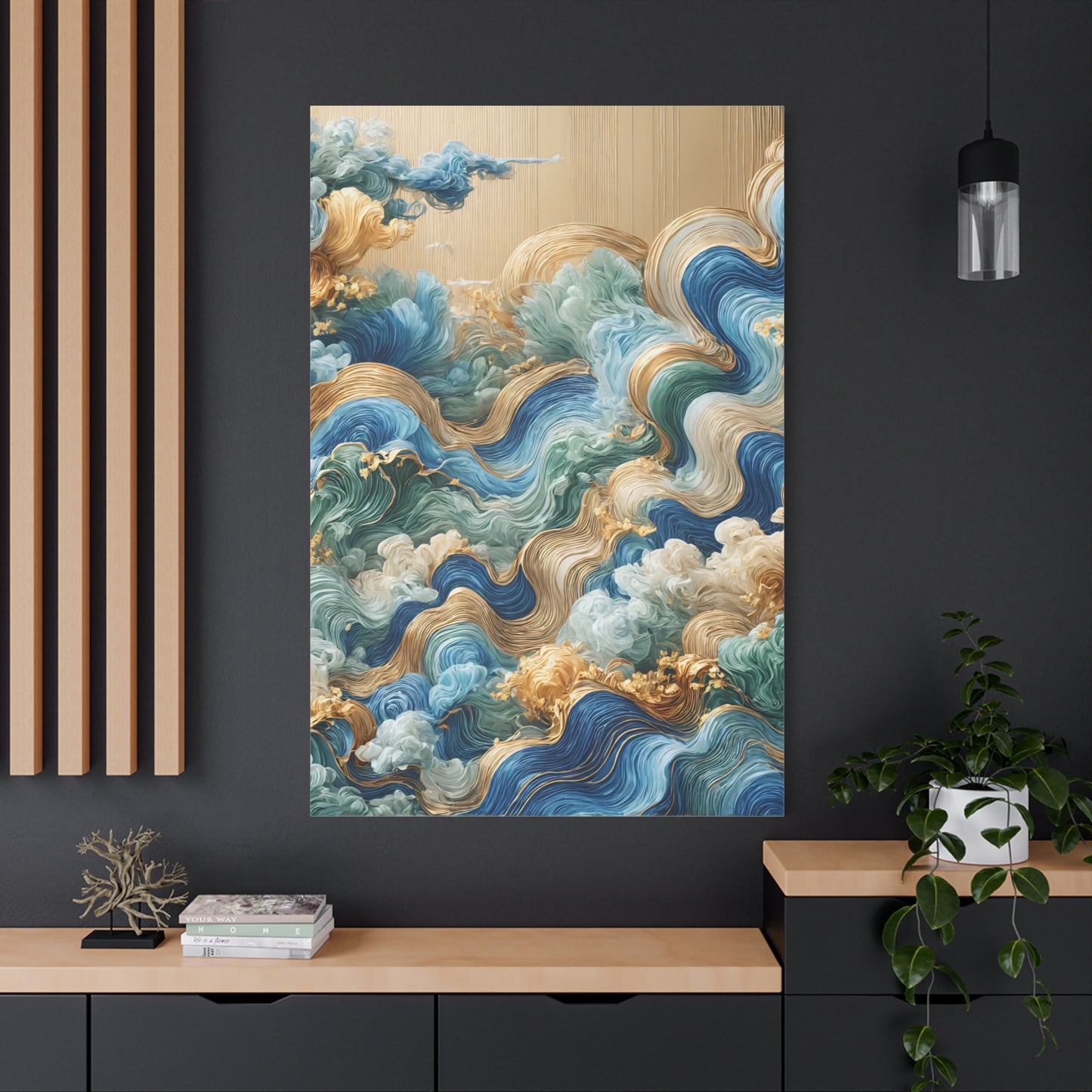 Waves of Serenity – Abstract Ocean Wall Art in Blue, Gold, and Green for Luxurious Spaces