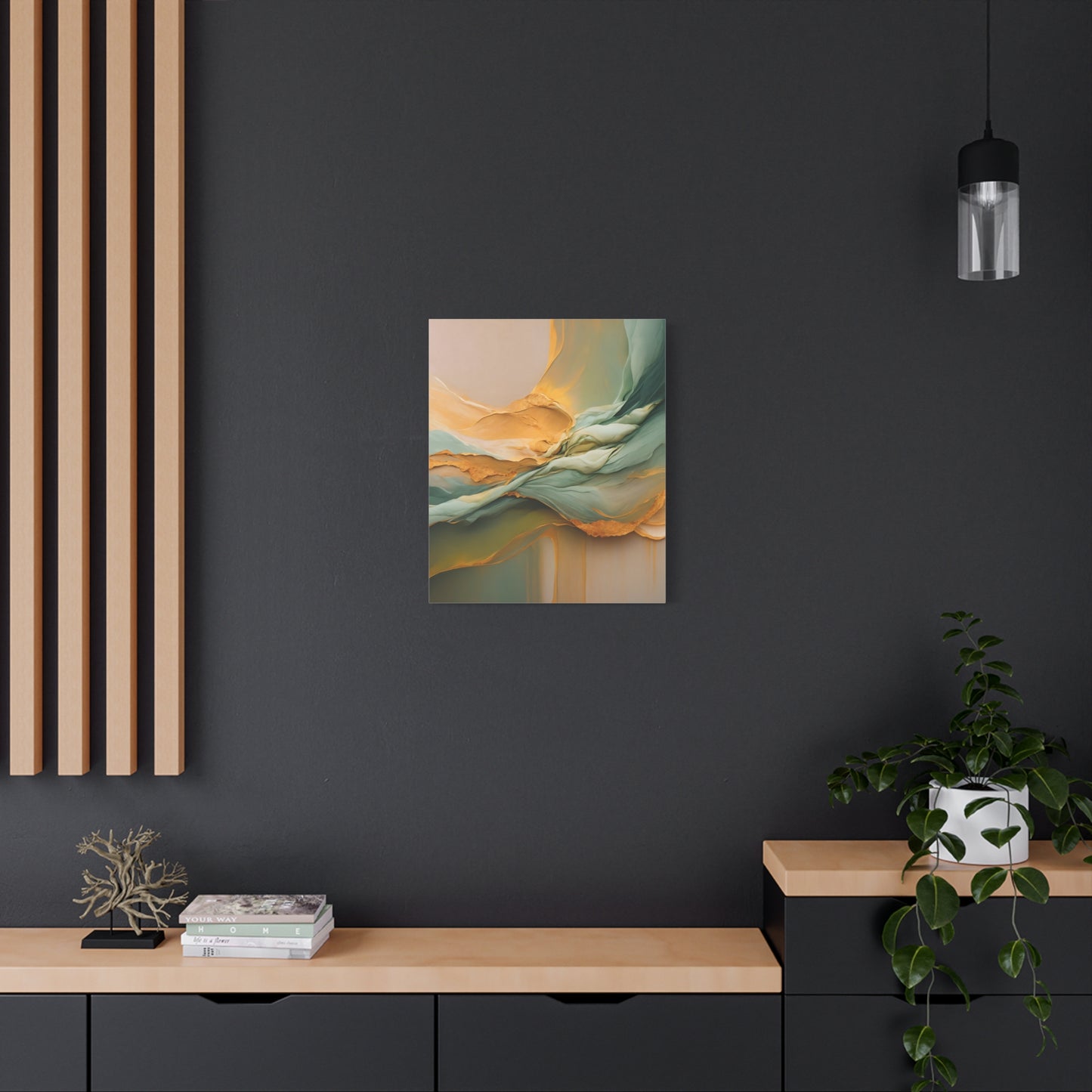 Golden Cascade – Flowing Abstract Canvas Art in Green and Gold