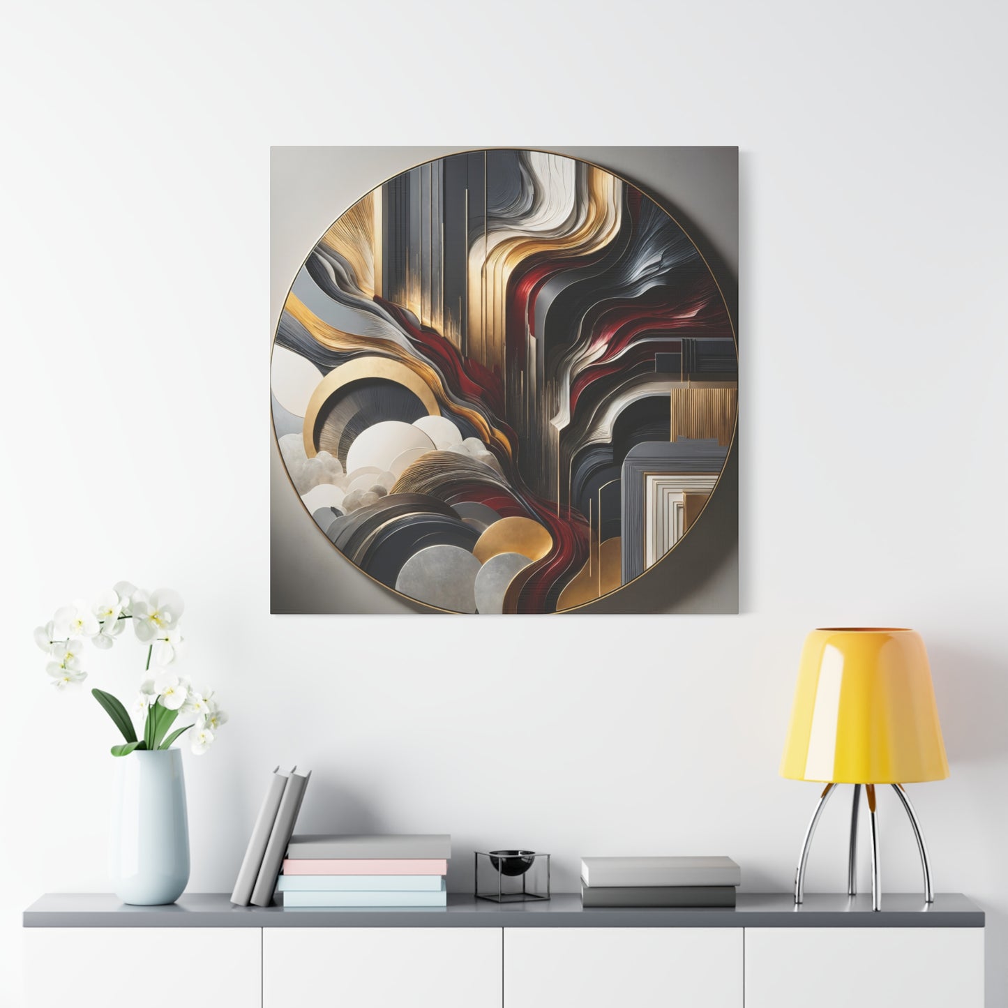 Radiant Flow – Circular Abstract Wall Art in Red, Gold, and Gray for Modern Interiors