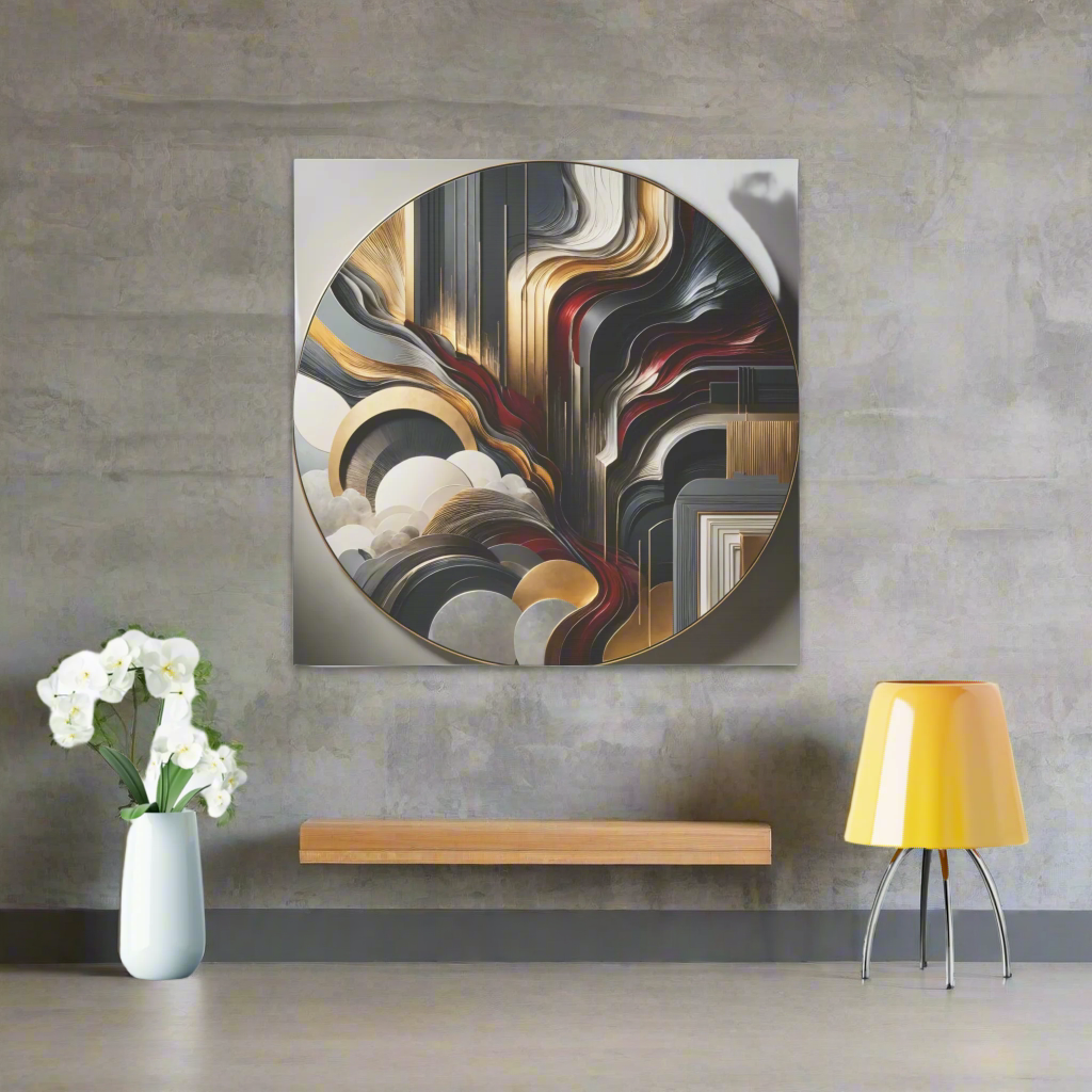 Radiant Flow – Circular Abstract Wall Art in Red, Gold, and Gray for Modern Interiors