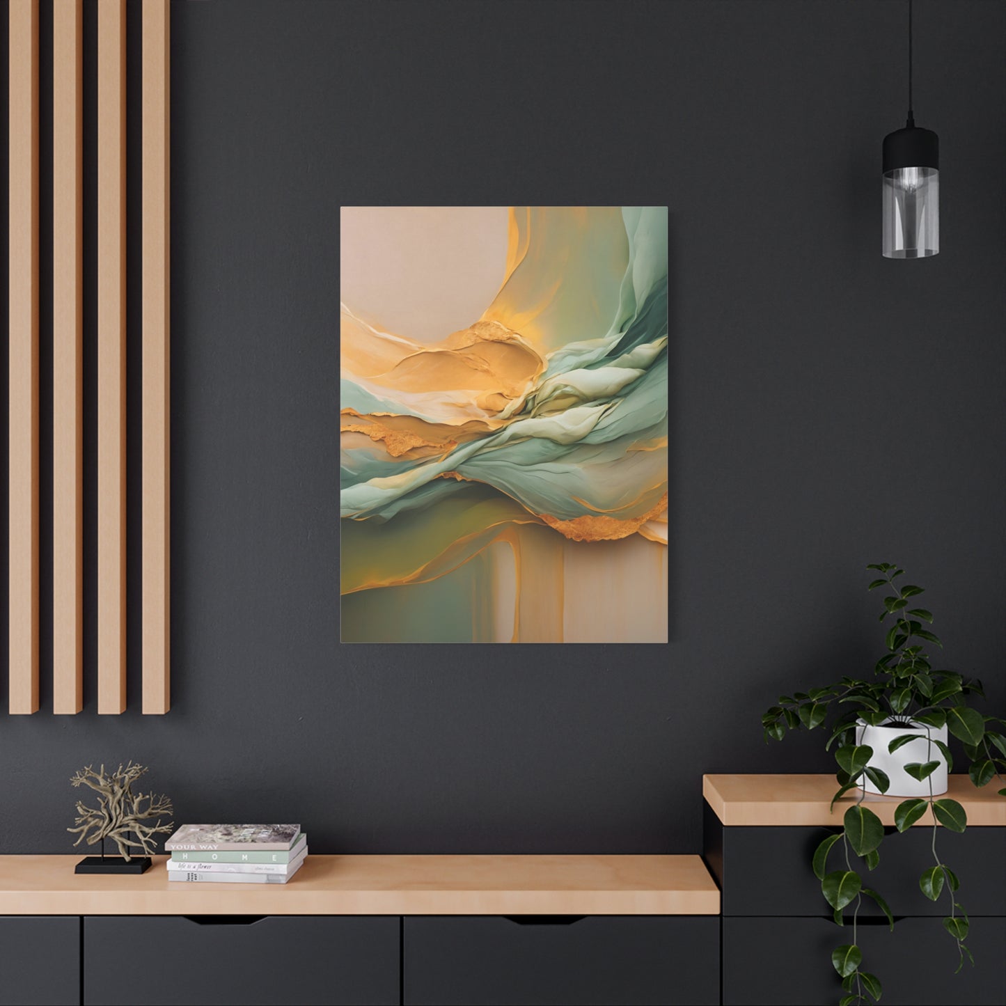 Golden Cascade – Flowing Abstract Canvas Art in Green and Gold