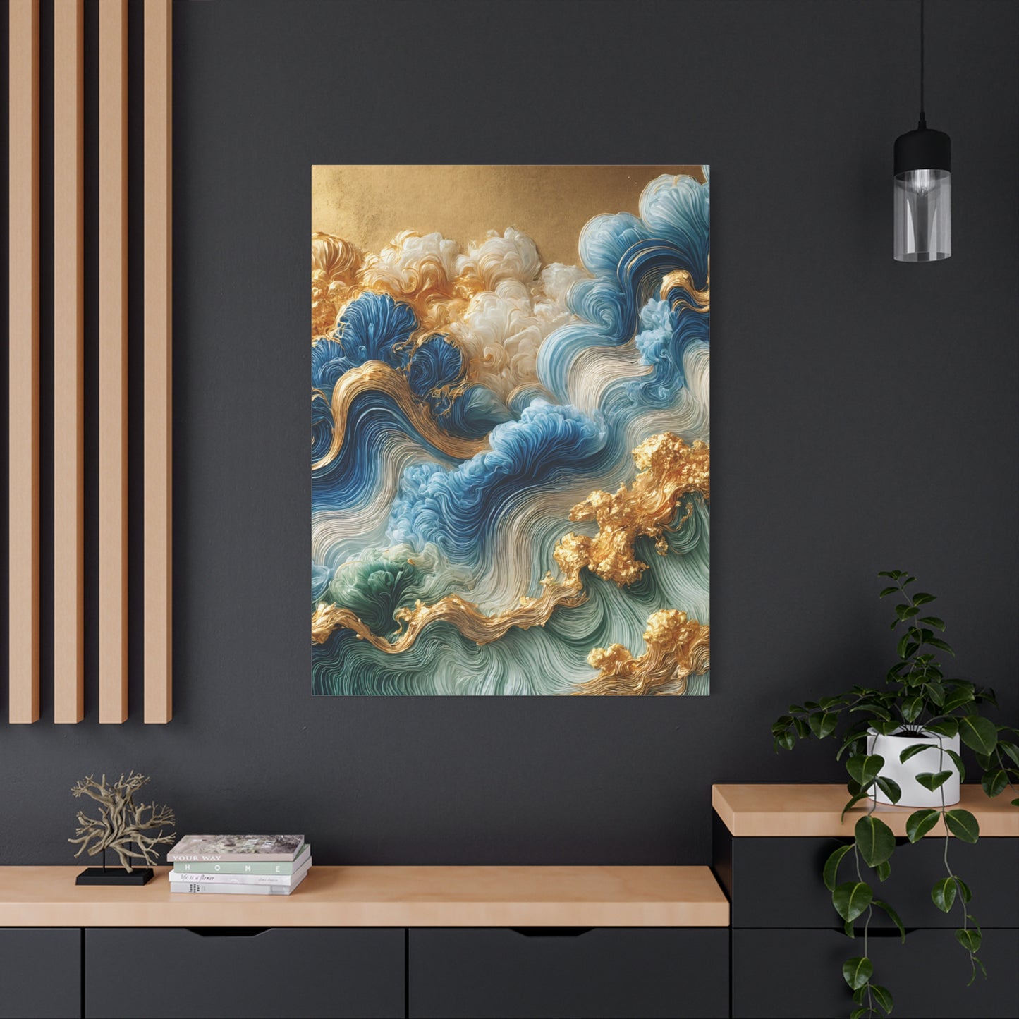 Auric Waves – Abstract Wall Art in Blue, Green, and Gold for Modern Elegance