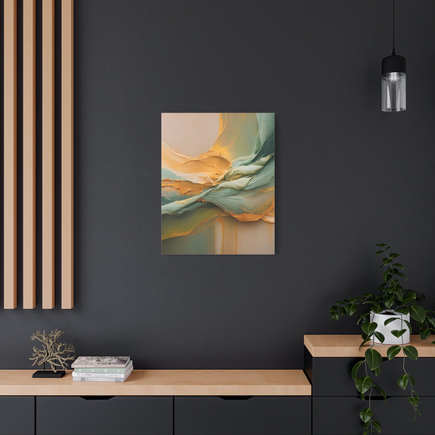 Golden Cascade – Flowing Abstract Canvas Art in Green and Gold