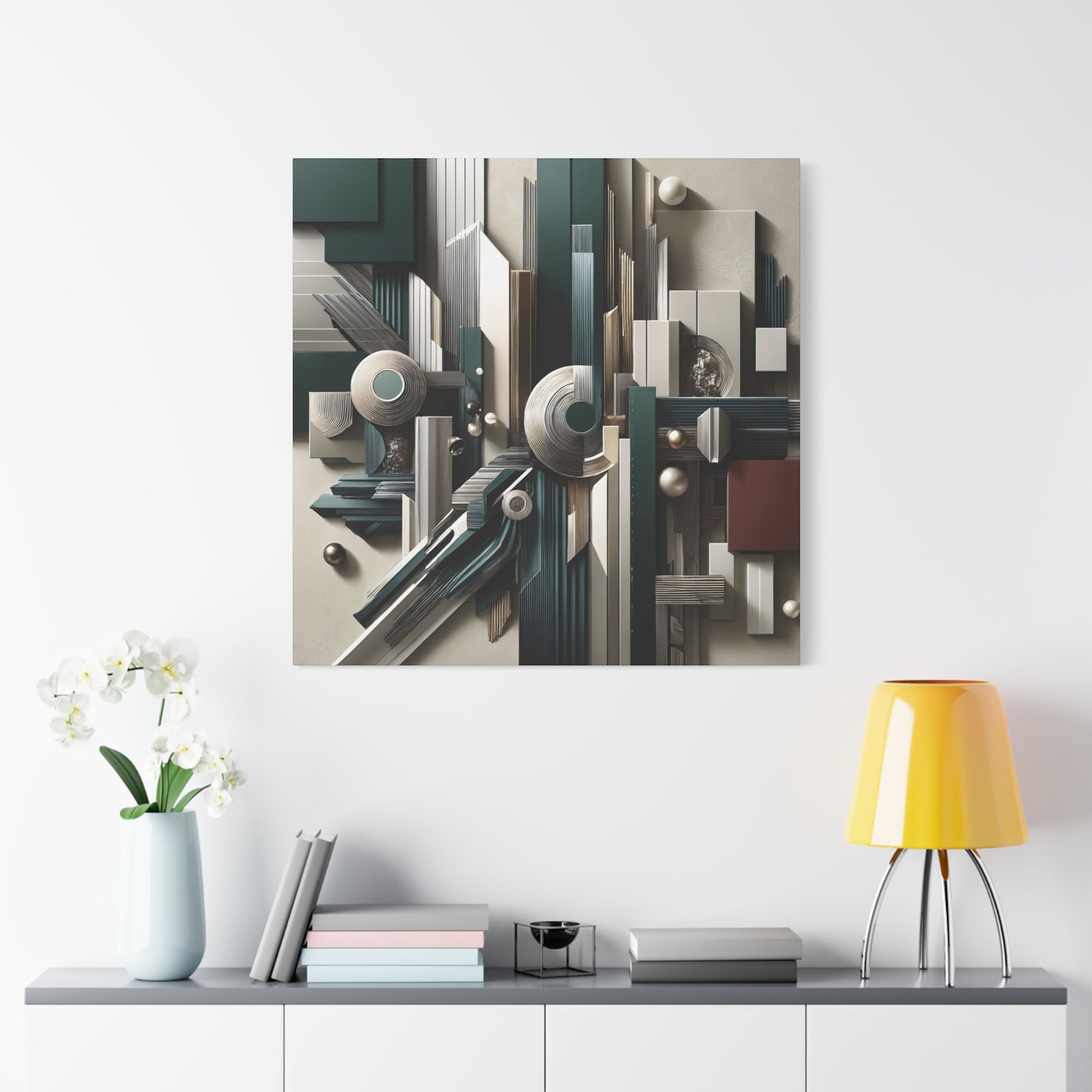 Structural Elegance – Geometric Abstract Wall Art in Teal, White, and Gold for Modern Décor