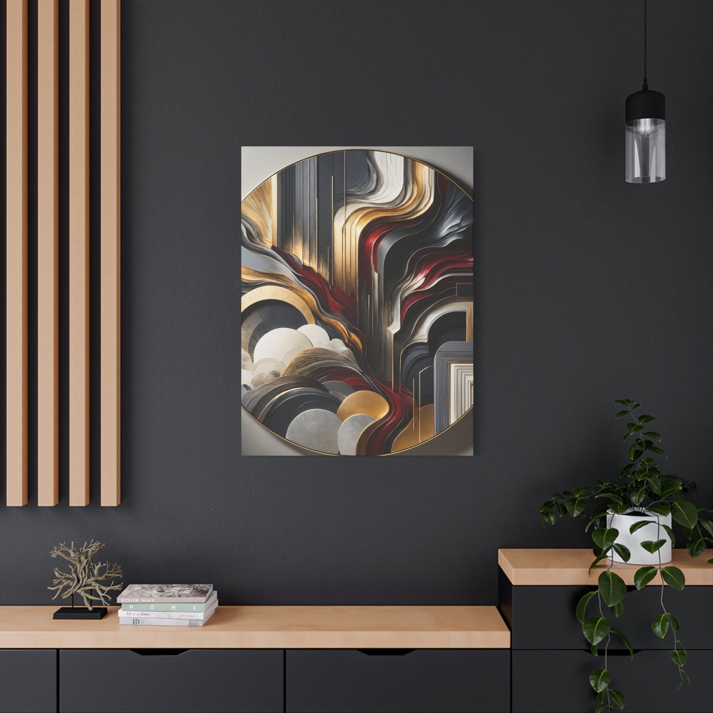 Radiant Flow – Circular Abstract Wall Art in Red, Gold, and Gray for Modern Interiors