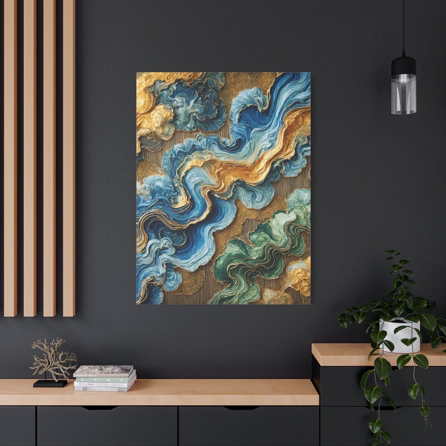 Verdant Flow – Abstract Wall Art in Blue, Green, and Gold for Contemporary Spaces