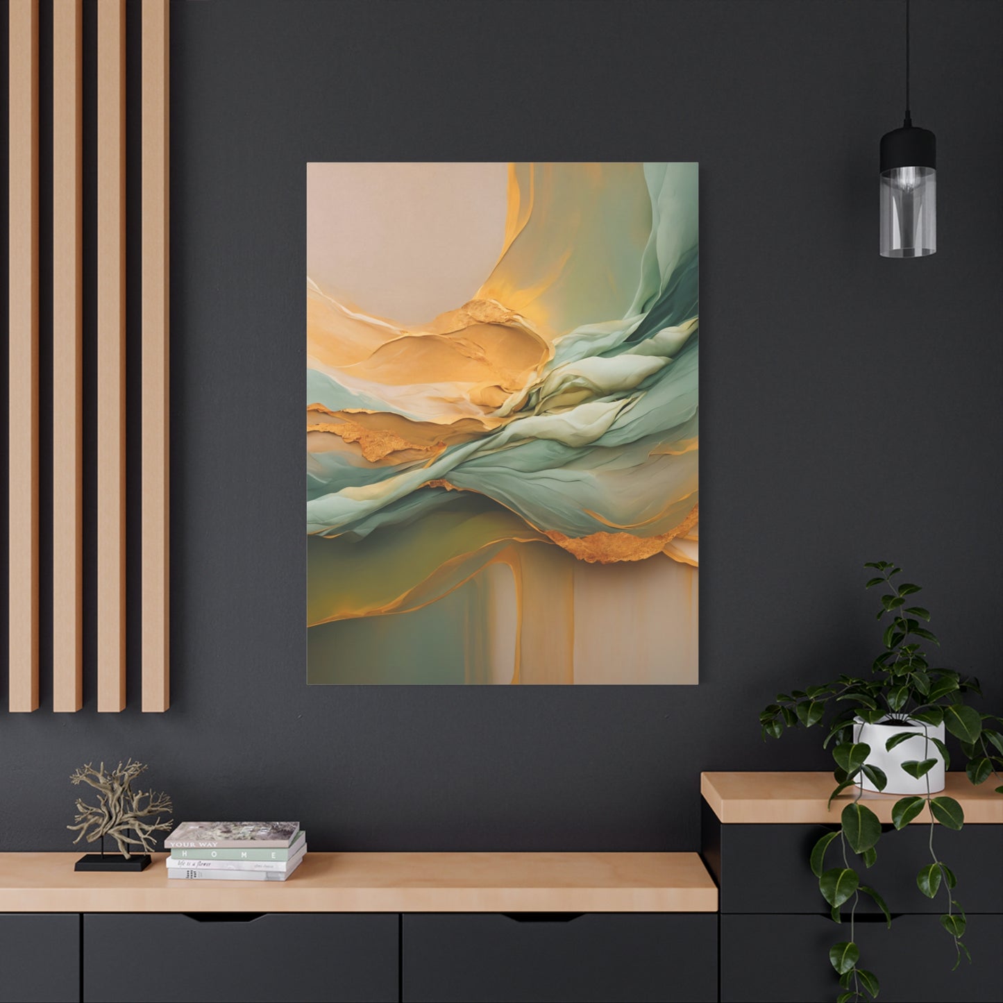 Golden Cascade – Flowing Abstract Canvas Art in Green and Gold