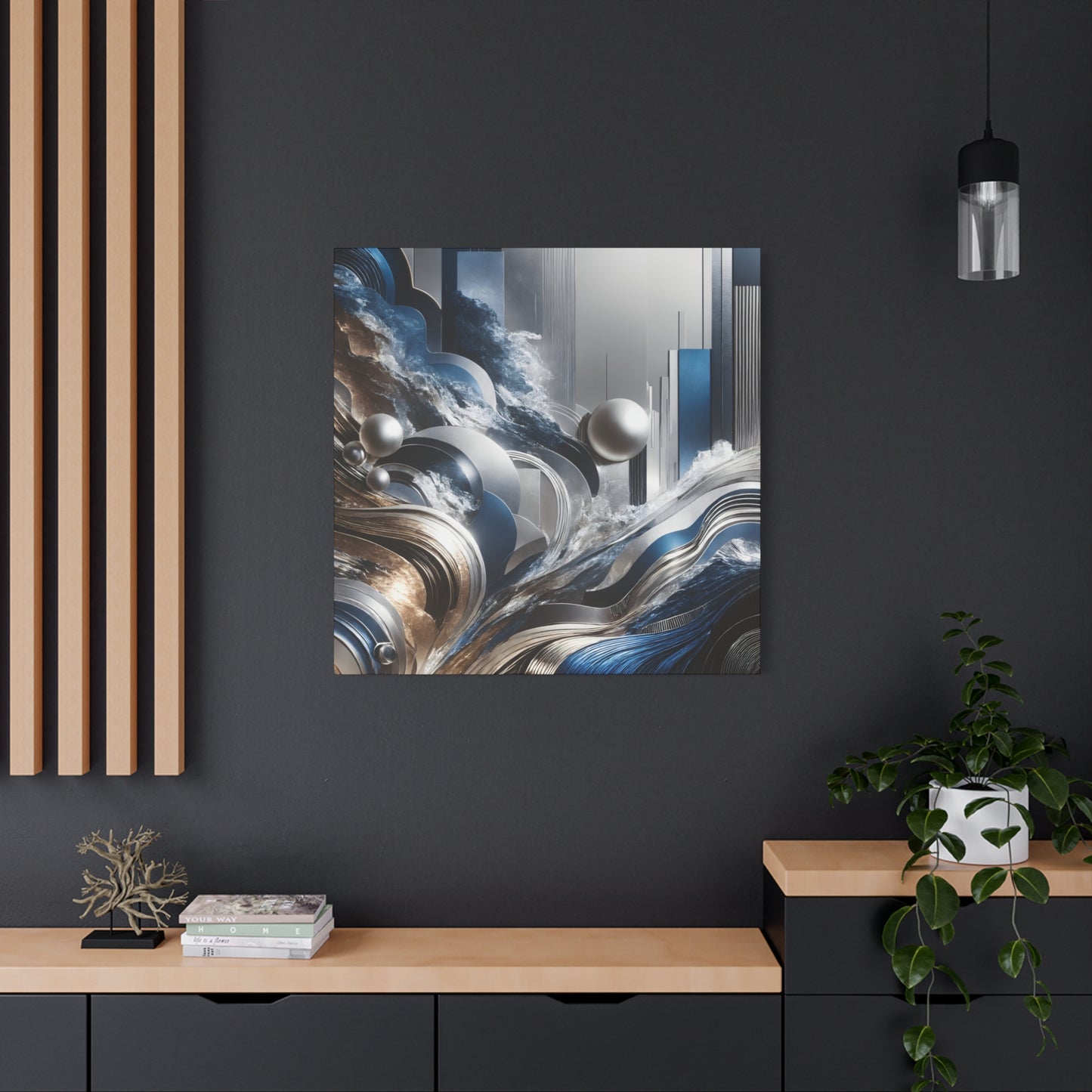 Celestial Waves – Abstract Wall Art in Blue, Silver, and Earth Tones for Modern Elegance