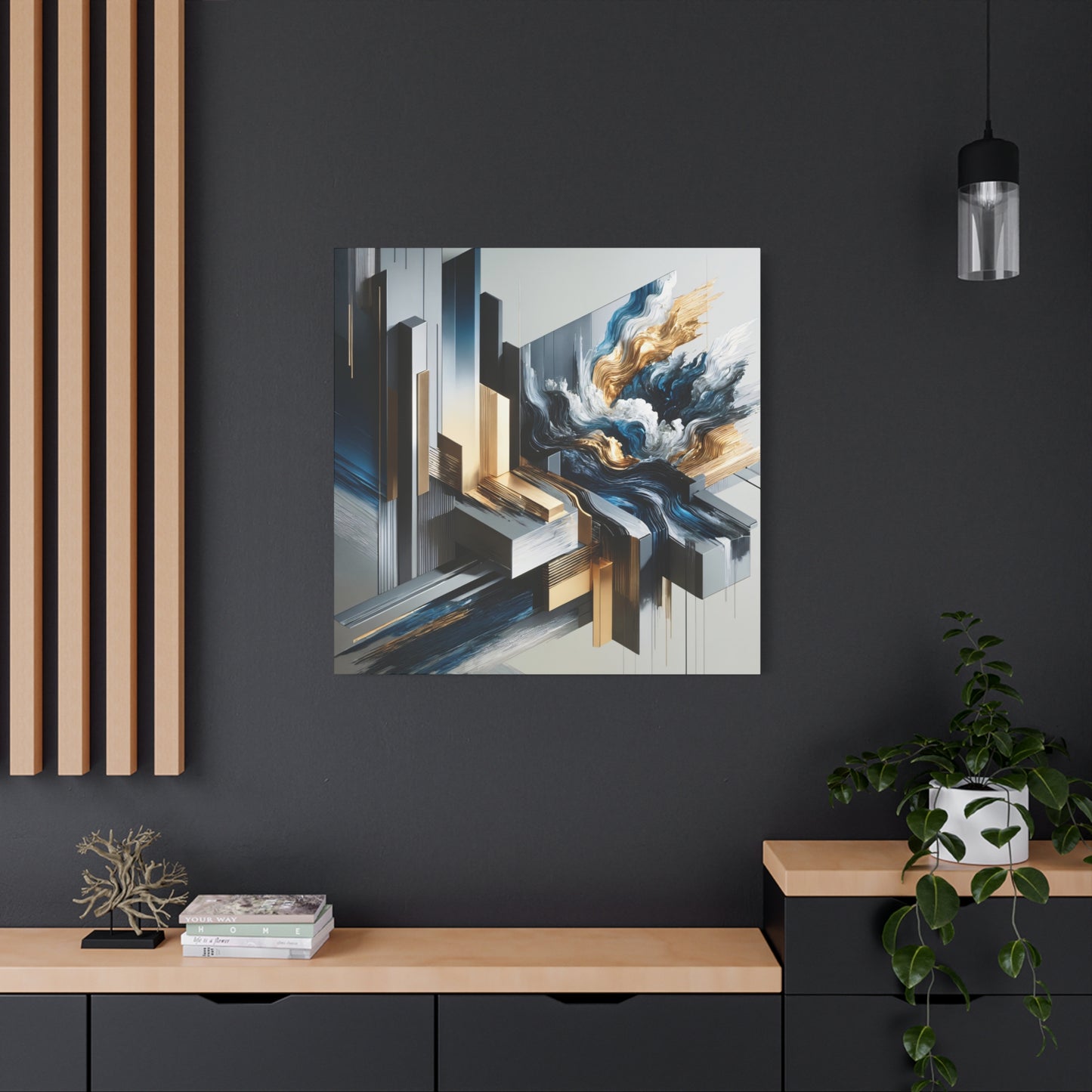 Golden Metropolis – Abstract 3D Cityscape Wall Art in Blue, Gold, and Silver for Modern Décor