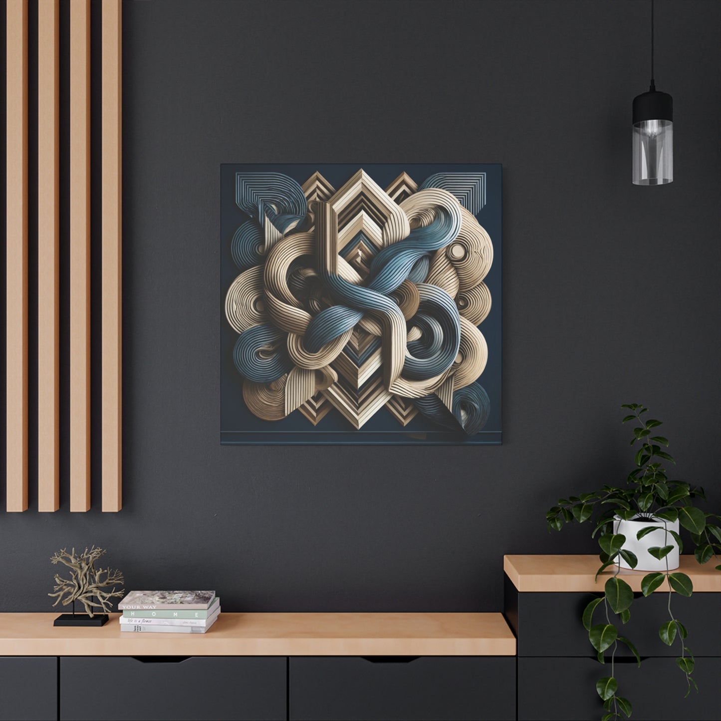 Twisted Geometry – Abstract Wall Art in Navy, Beige, and Gold for Modern Interiors