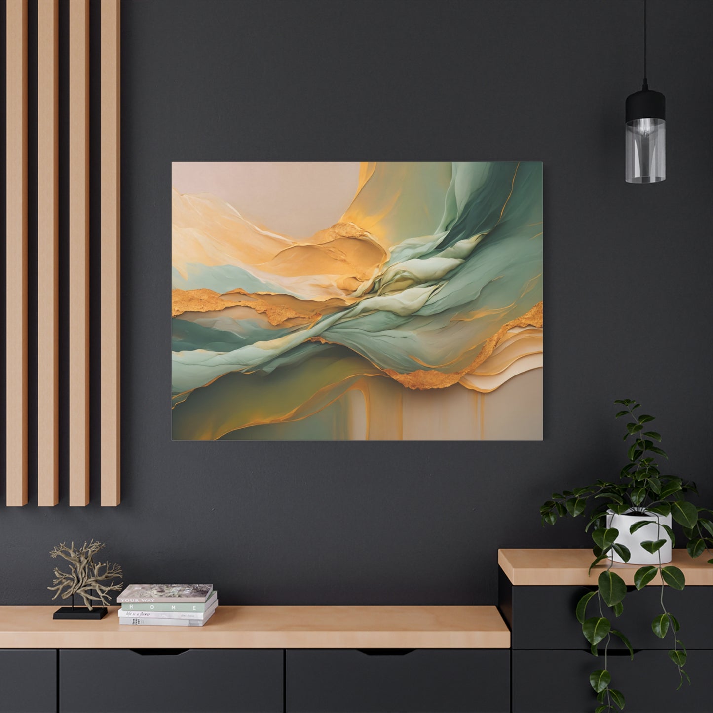 Golden Cascade – Flowing Abstract Canvas Art in Green and Gold