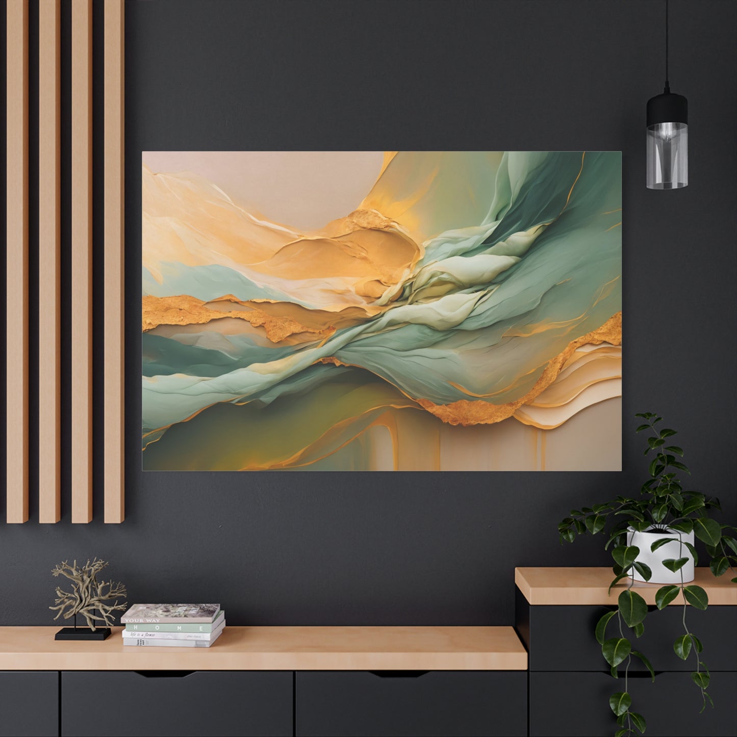 Golden Cascade – Flowing Abstract Canvas Art in Green and Gold