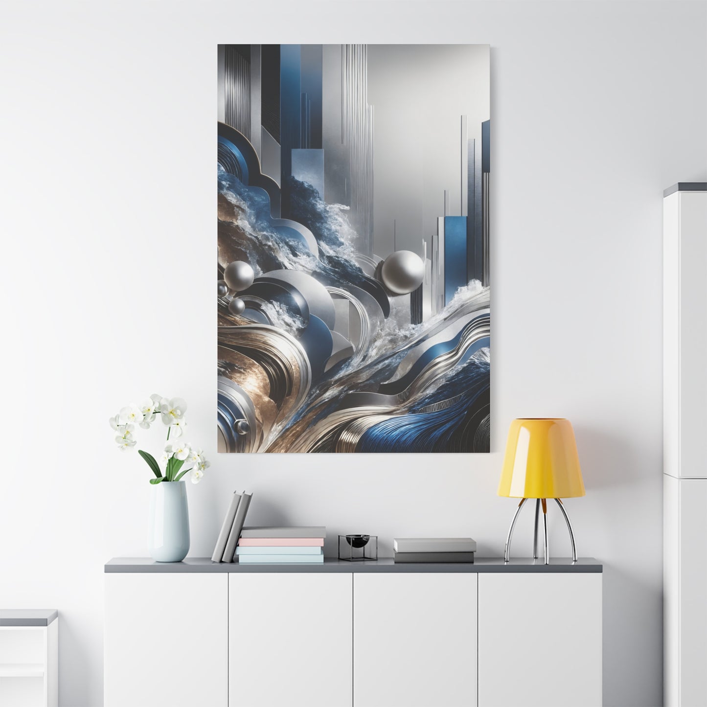 Celestial Waves – Abstract Wall Art in Blue, Silver, and Earth Tones for Modern Elegance