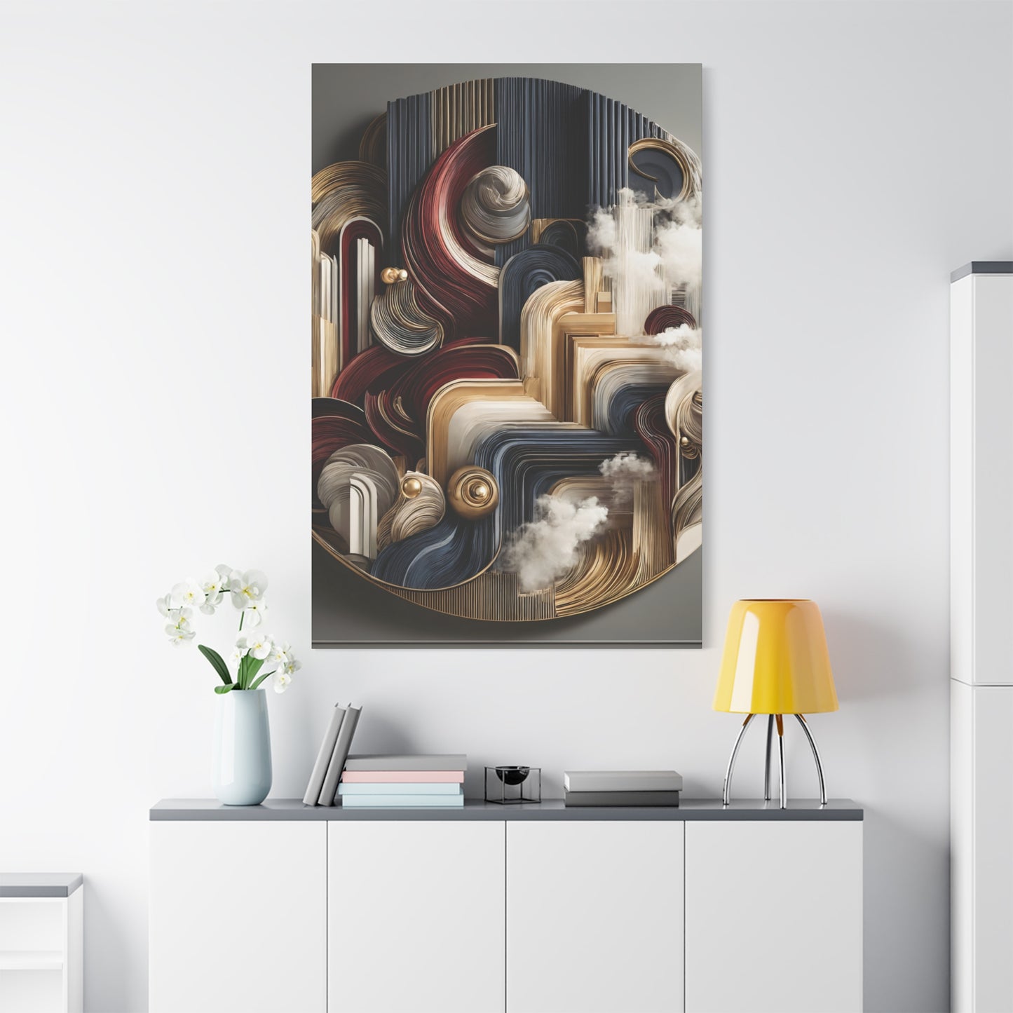 Ethereal Dimensions – Circular Abstract Wall Art in Gold, Burgundy, and Gray for Modern Décor