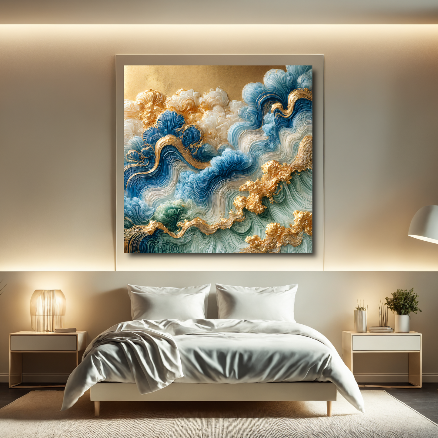 Auric Waves – Abstract Wall Art in Blue, Green, and Gold for Modern Elegance