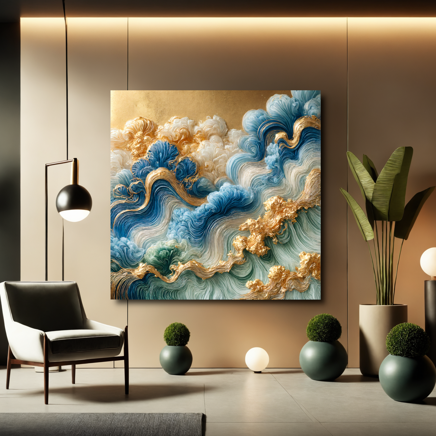 Auric Waves – Abstract Wall Art in Blue, Green, and Gold for Modern Elegance