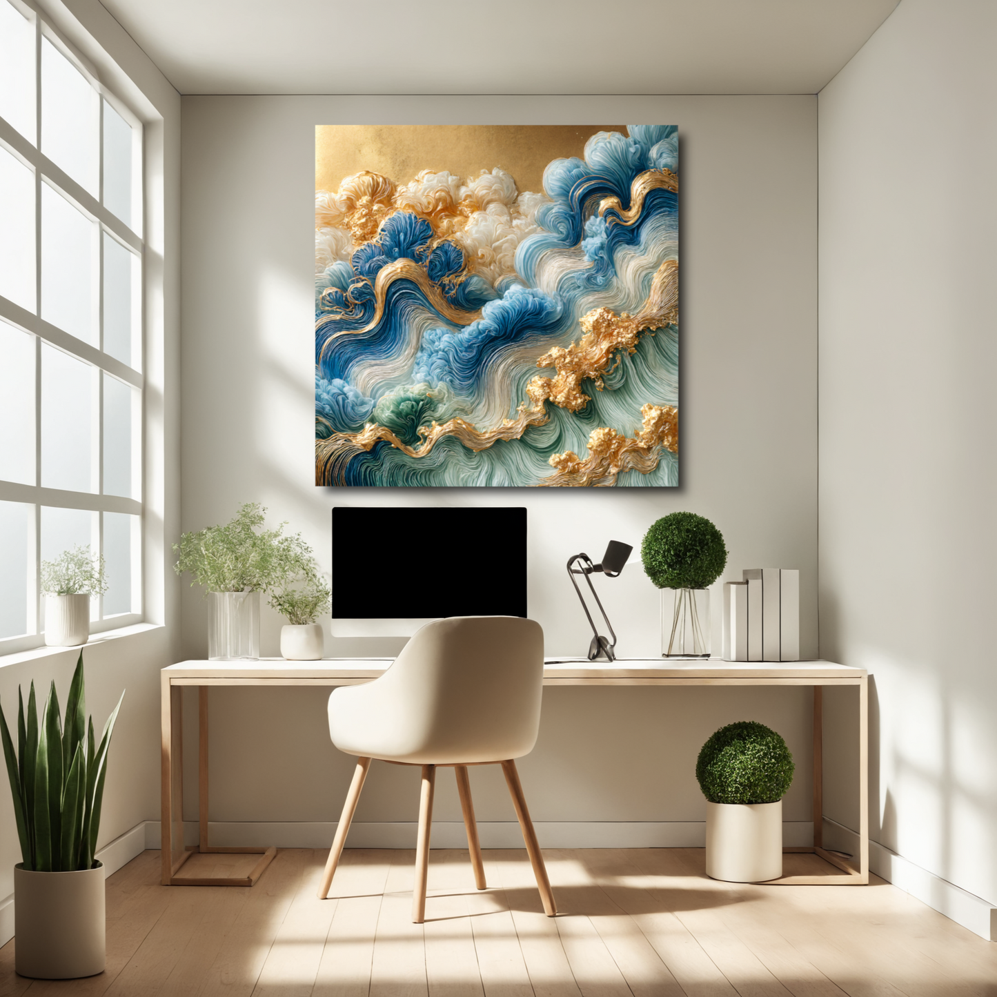 Auric Waves – Abstract Wall Art in Blue, Green, and Gold for Modern Elegance