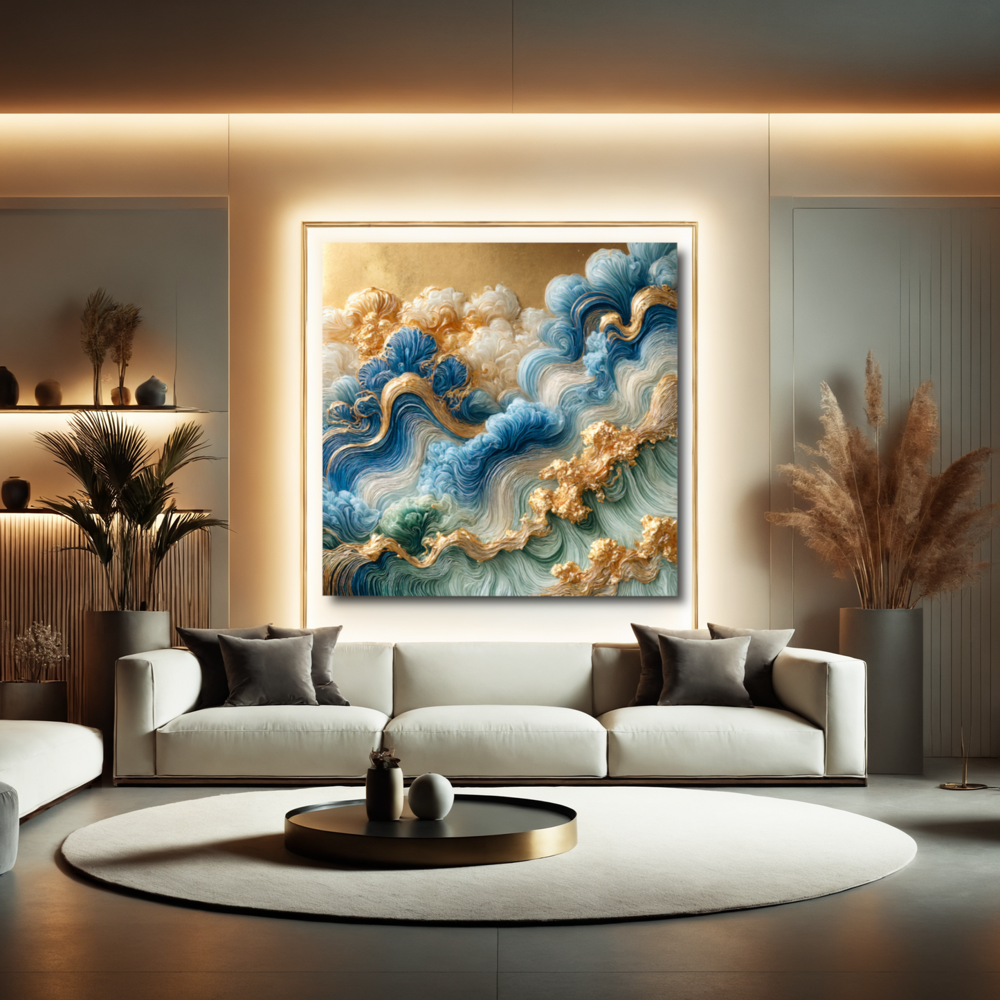 Auric Waves – Abstract Wall Art in Blue, Green, and Gold for Modern Elegance