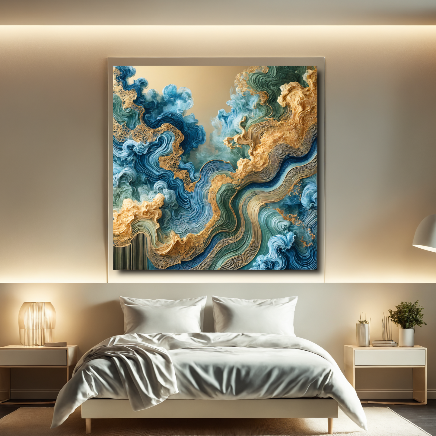 Oceanic Harmony – Abstract Wall Art in Blue, Gold, and Teal for Serene Interiors