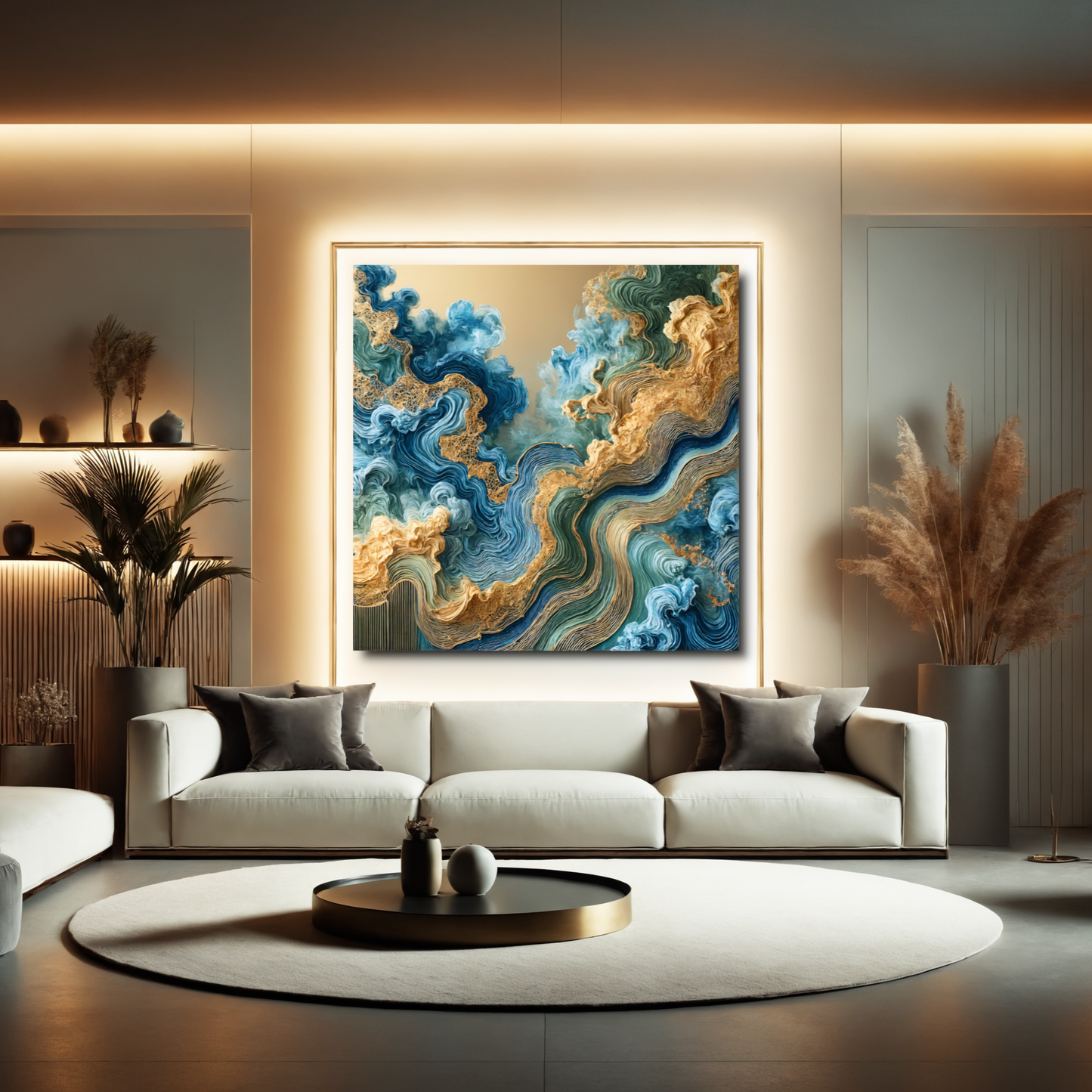 Oceanic Harmony – Abstract Wall Art in Blue, Gold, and Teal for Serene Interiors