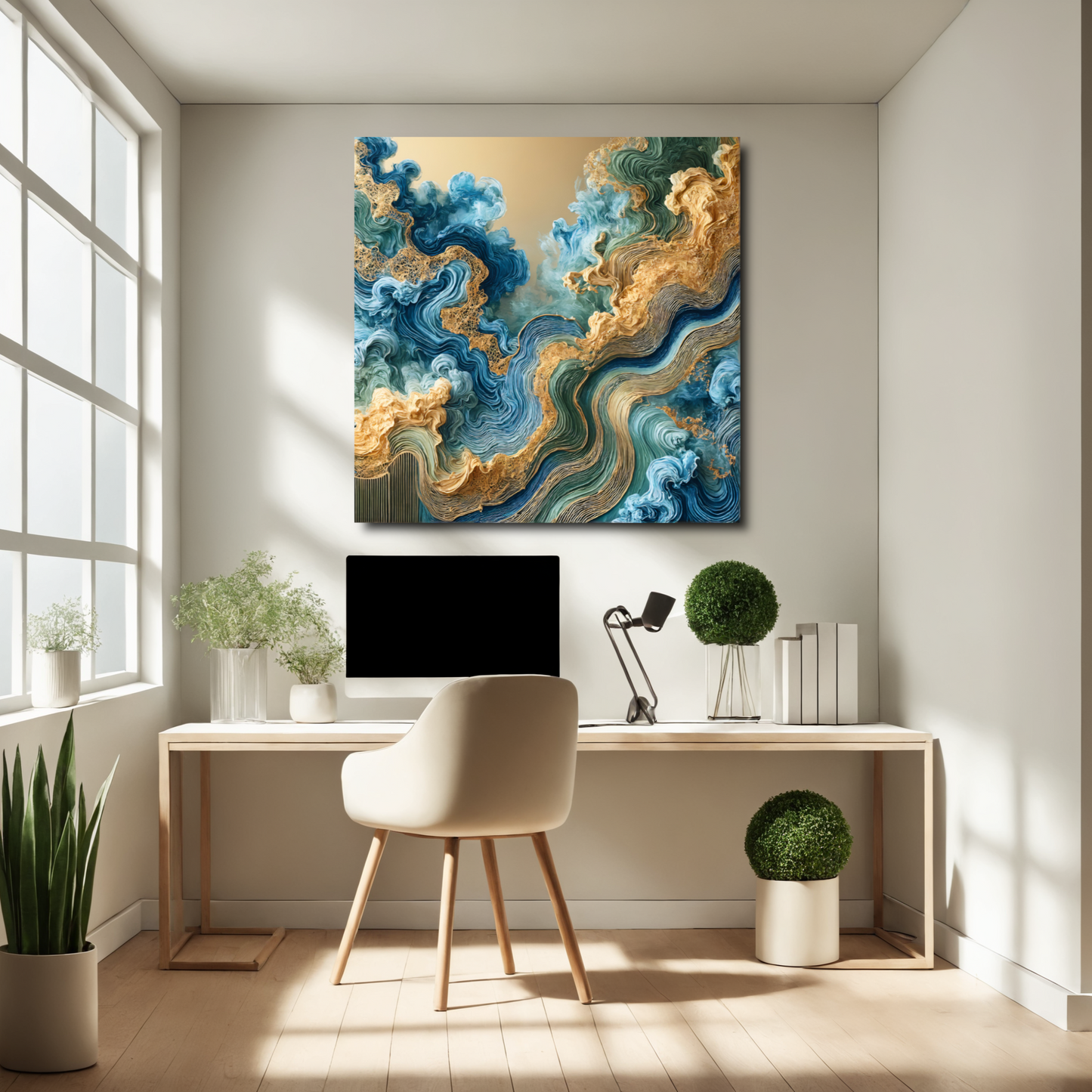 Oceanic Harmony – Abstract Wall Art in Blue, Gold, and Teal for Serene Interiors