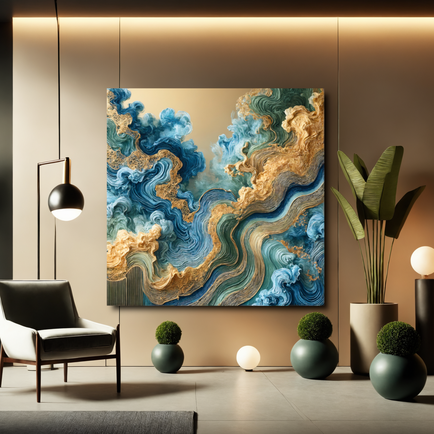 Oceanic Harmony – Abstract Wall Art in Blue, Gold, and Teal for Serene Interiors