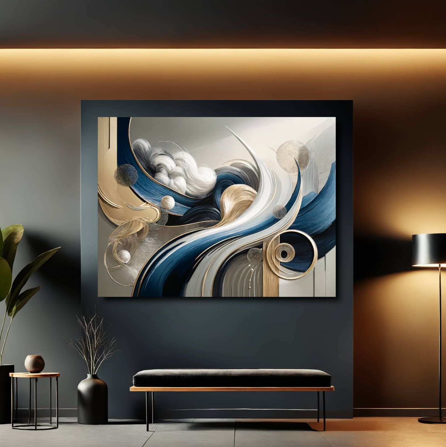 Celestial Currents – Abstract Wall Art in Blue, Gold, and White for Modern Spaces