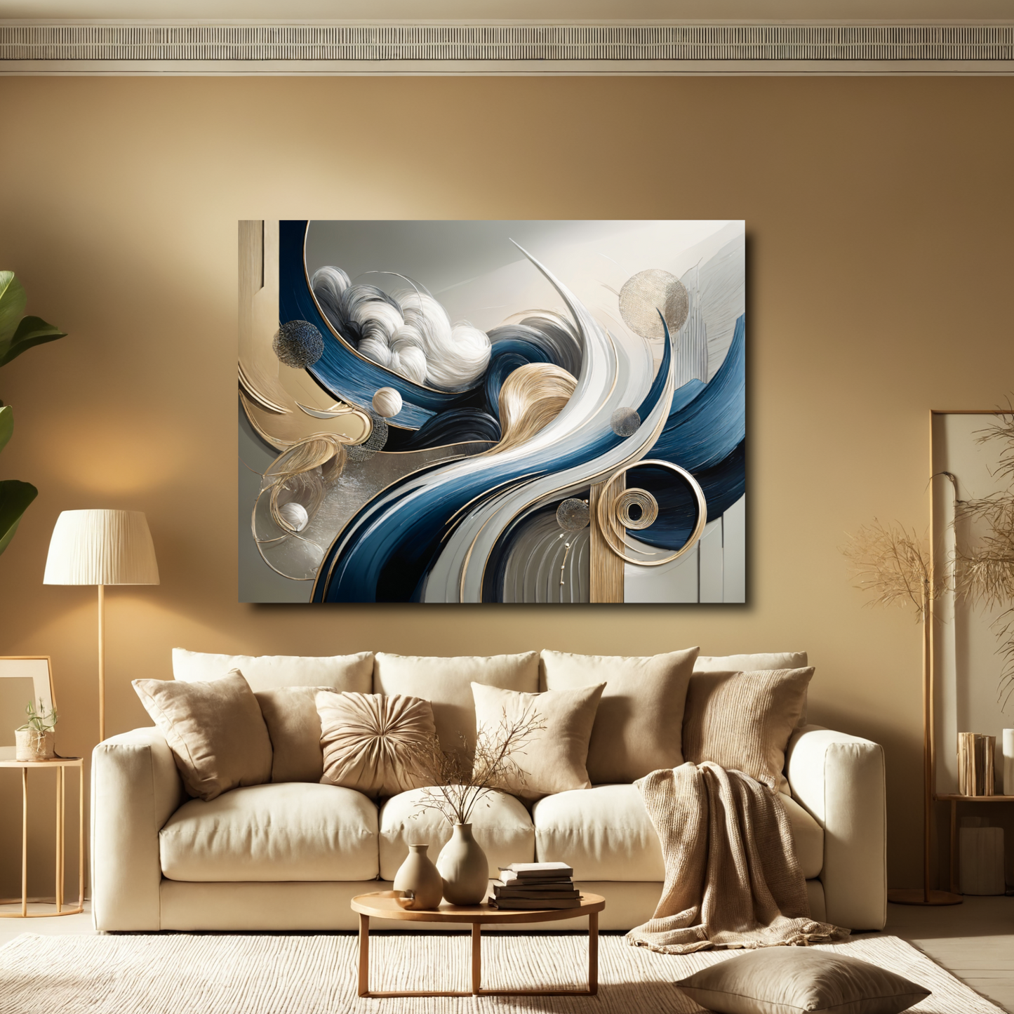 Celestial Currents – Abstract Wall Art in Blue, Gold, and White for Modern Spaces