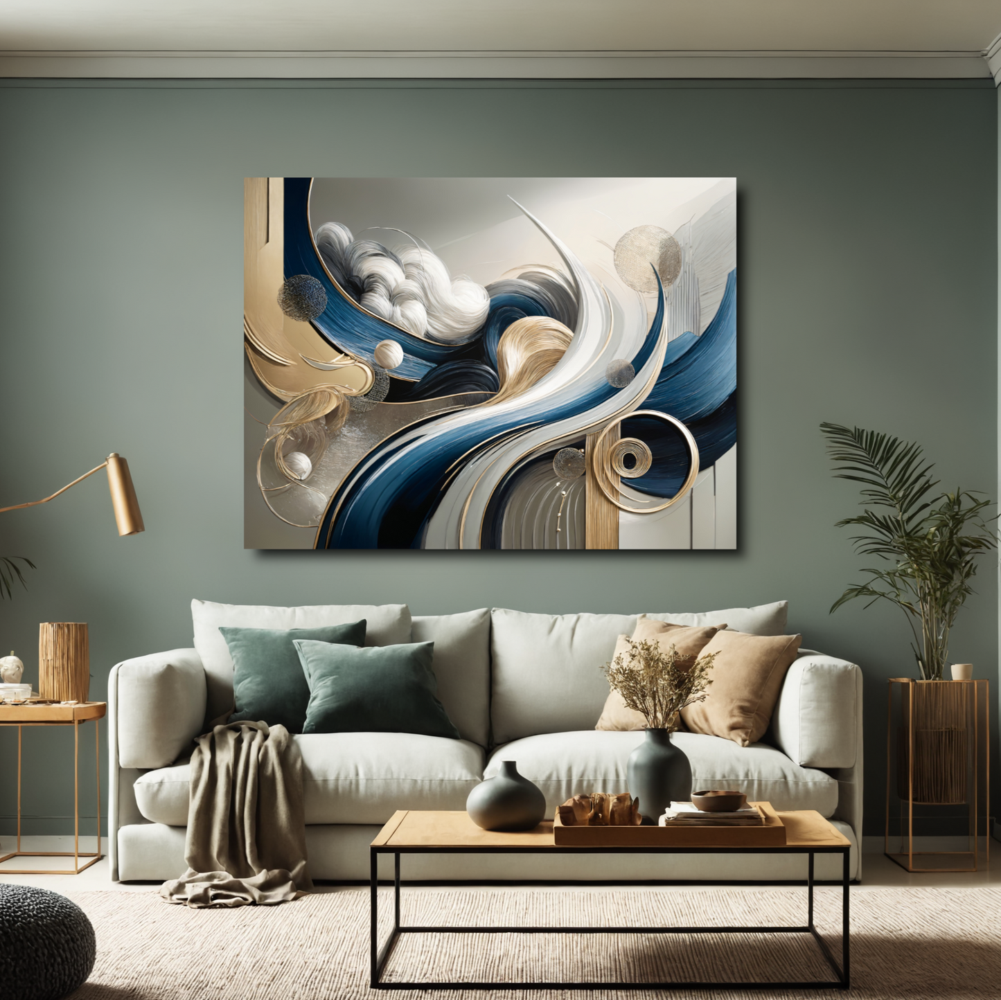 Celestial Currents – Abstract Wall Art in Blue, Gold, and White for Modern Spaces