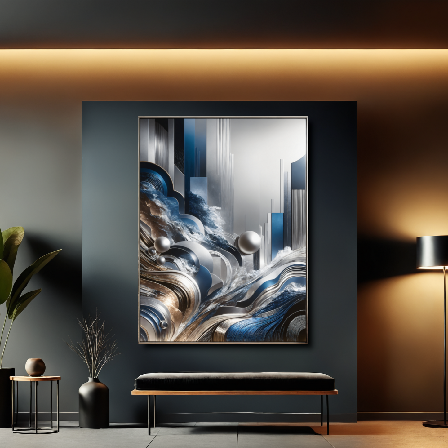 Celestial Waves – Abstract Wall Art in Blue, Silver, and Earth Tones for Modern Elegance