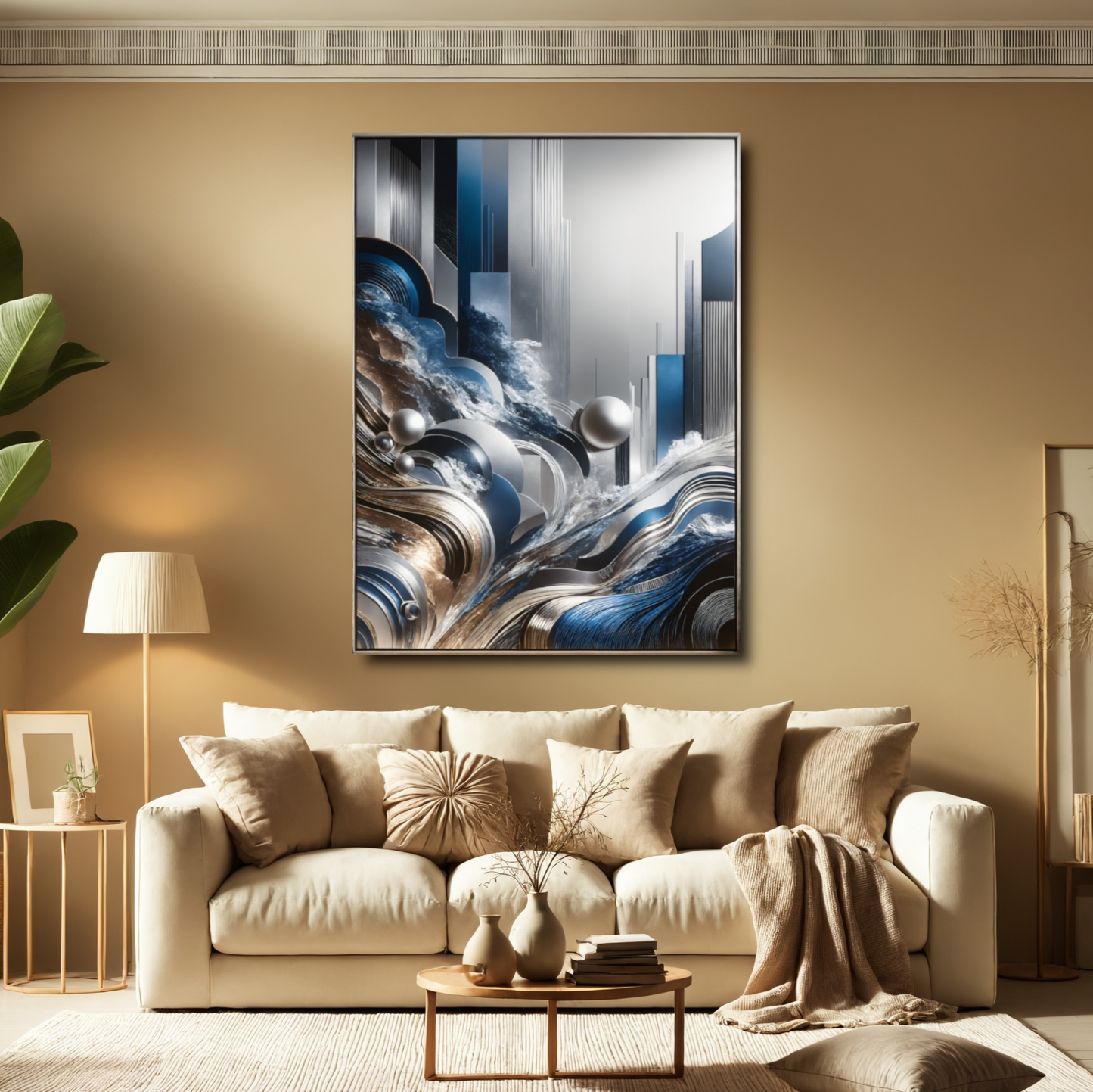 Celestial Waves – Abstract Wall Art in Blue, Silver, and Earth Tones for Modern Elegance