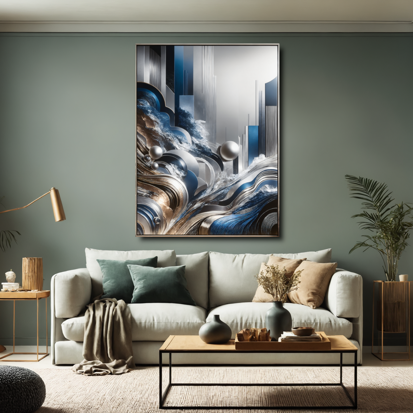 Celestial Waves – Abstract Wall Art in Blue, Silver, and Earth Tones for Modern Elegance