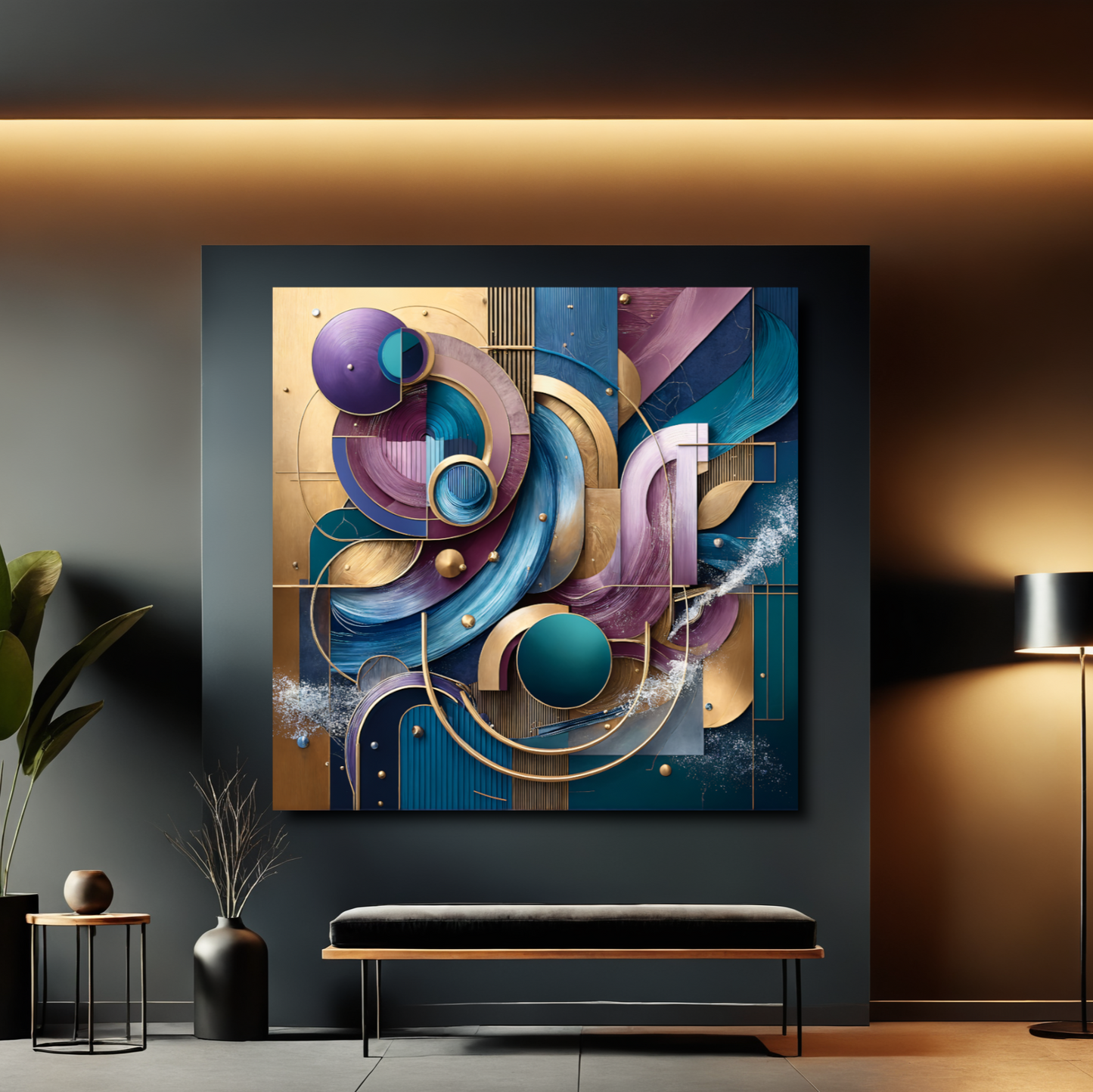 Cosmic Symphony – Abstract Wall Art in Teal, Gold, and Purple for Luxury Décor