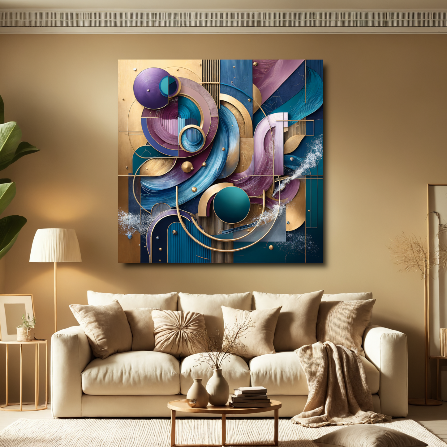 Cosmic Symphony – Abstract Wall Art in Teal, Gold, and Purple for Luxury Décor