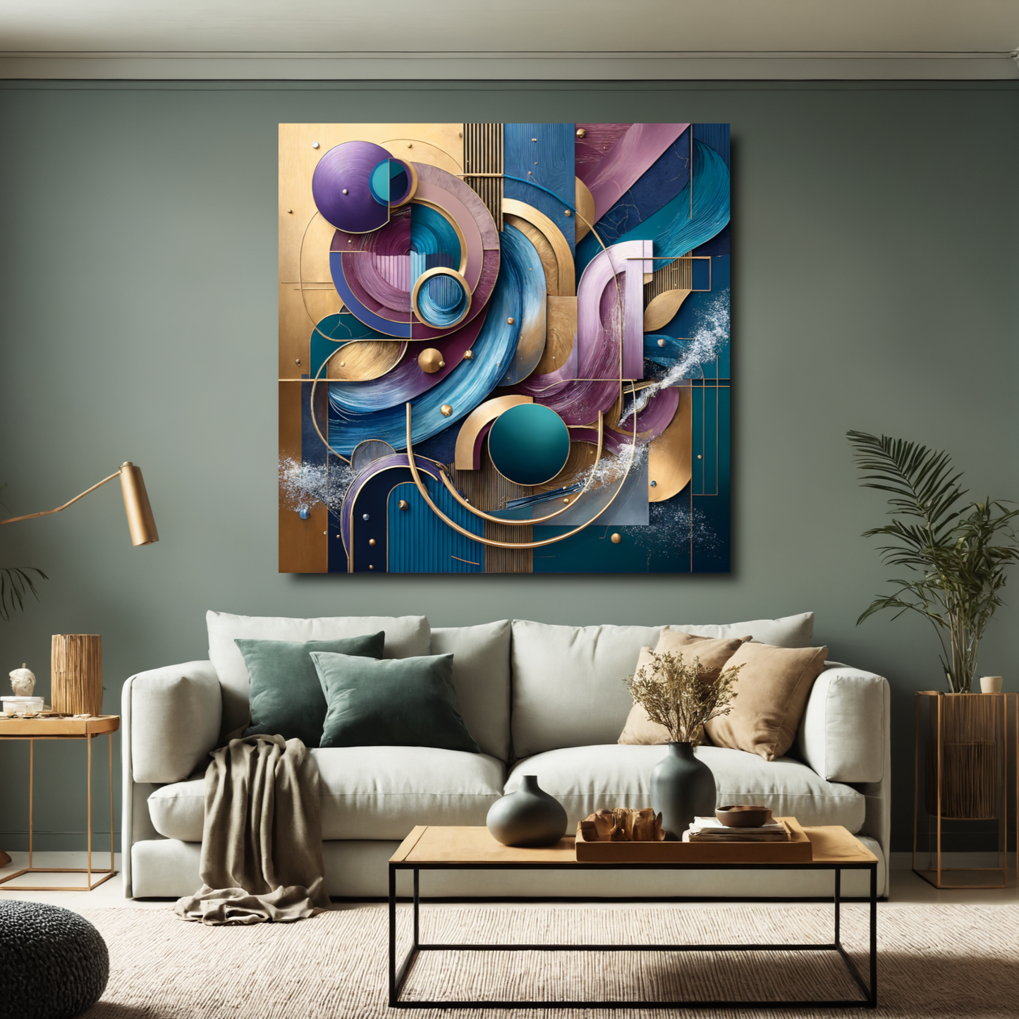 Cosmic Symphony – Abstract Wall Art in Teal, Gold, and Purple for Luxury Décor