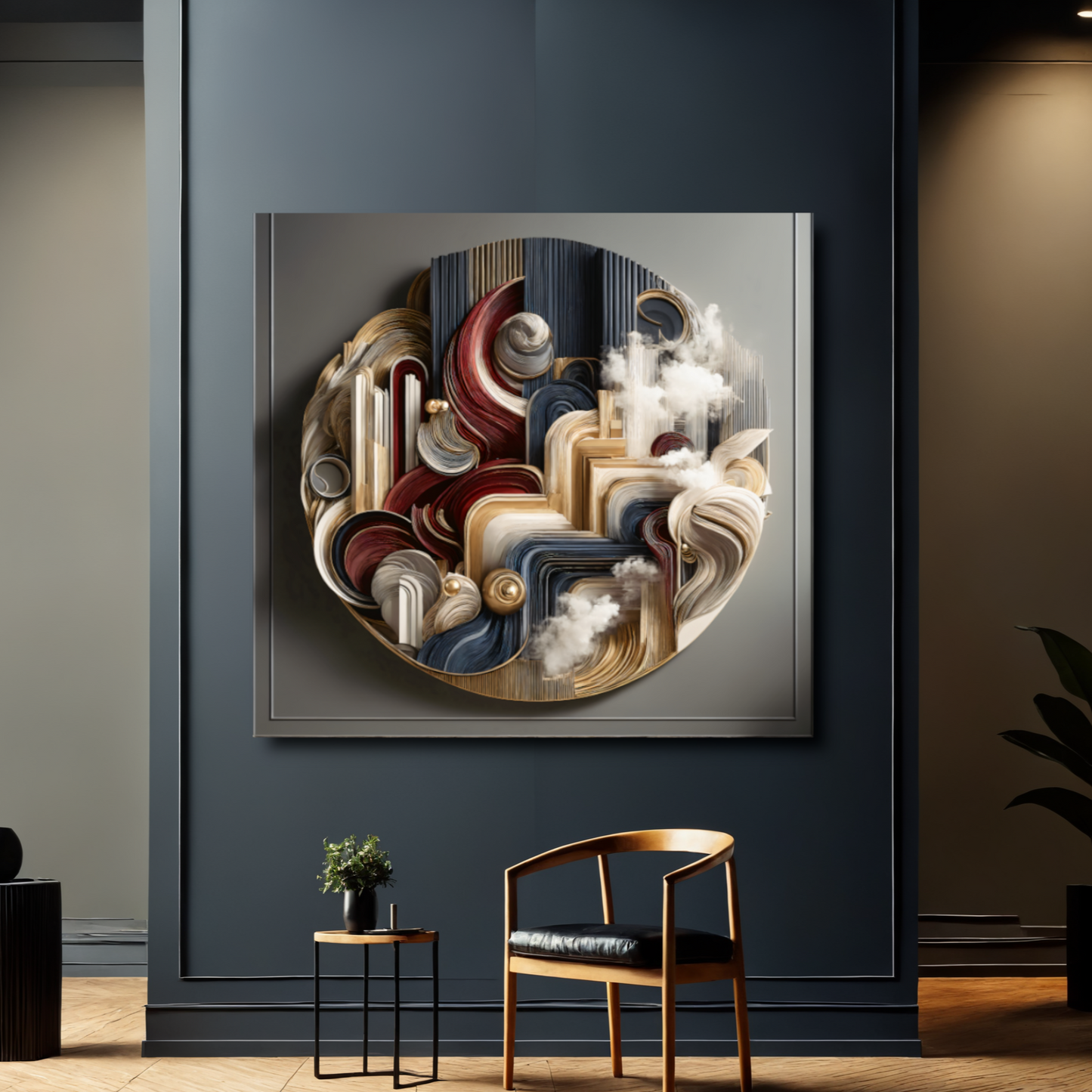 Ethereal Dimensions – Circular Abstract Wall Art in Gold, Burgundy, and Gray for Modern Décor