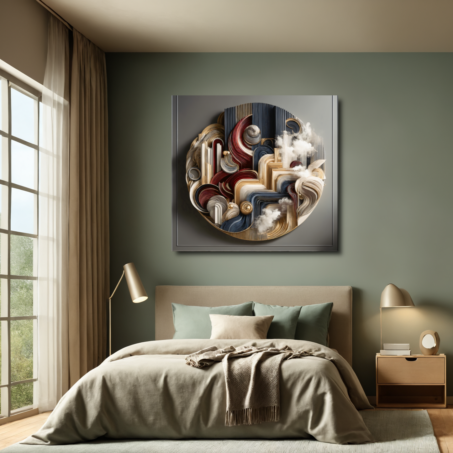 Ethereal Dimensions – Circular Abstract Wall Art in Gold, Burgundy, and Gray for Modern Décor